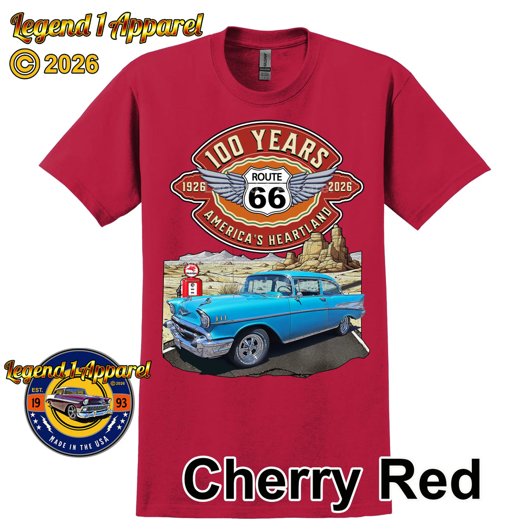 1957 Chevrolet Bel Air Coupe Classic Car Graphic Tee – Route 66 100 Years T-Shirt