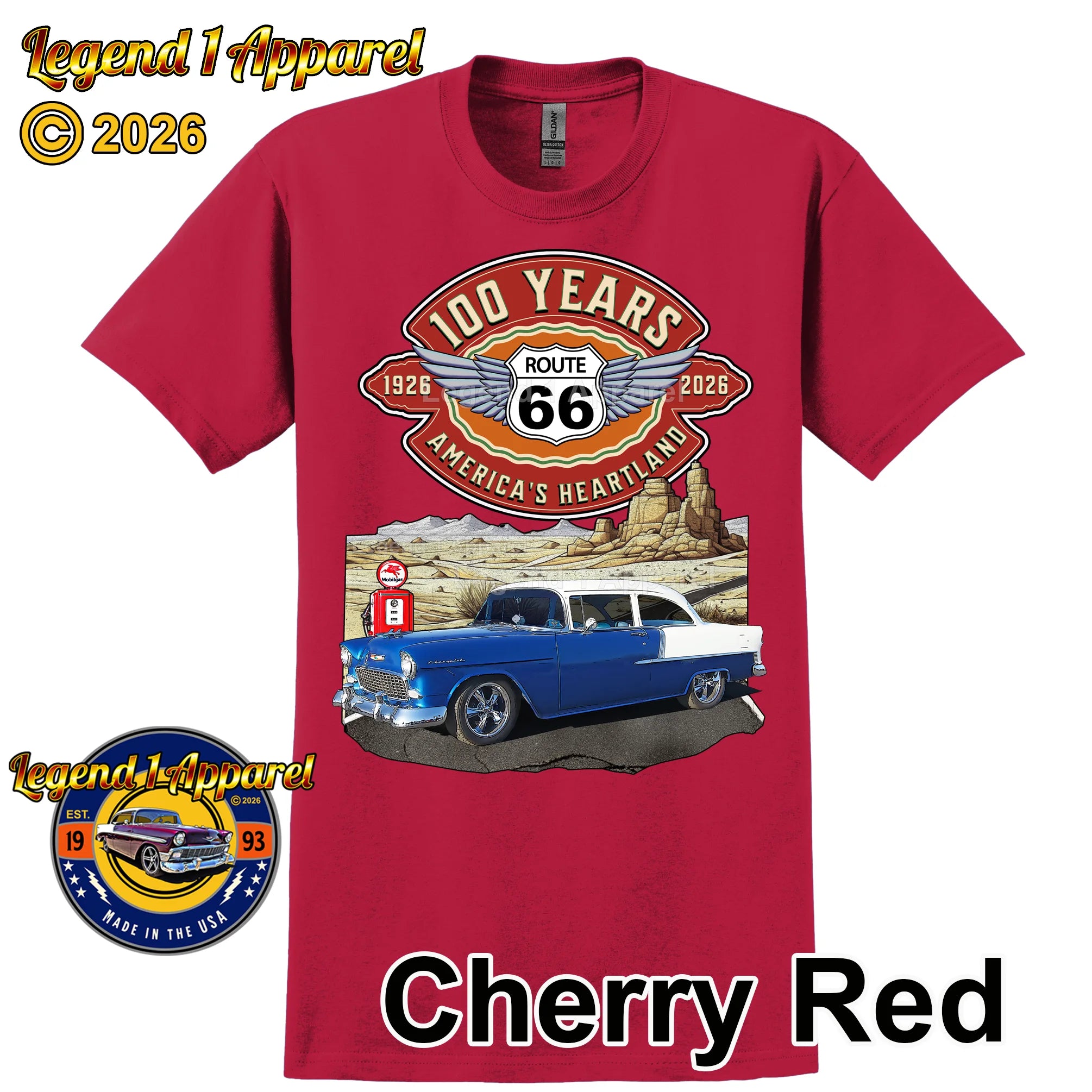 1955 Chevrolet Bel Air Coupe Classic Car Graphic Tee – Route 66 100 Years T-Shirt