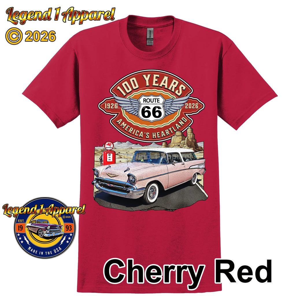 1957 Chevrolet Bel Air Nomad Classic Car Graphic Tee – Route 66 100 Years T-Shirt