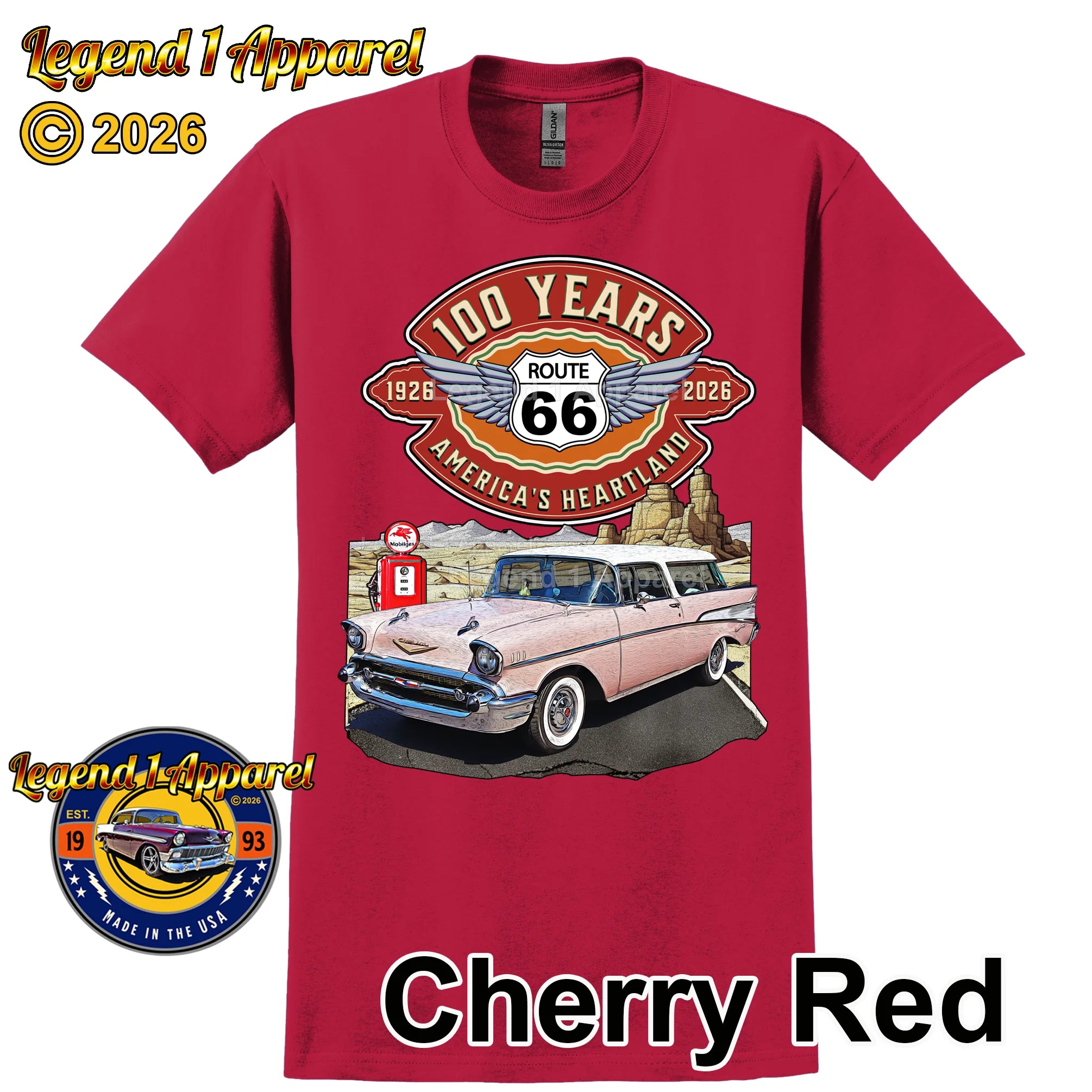 1957 Chevrolet Bel Air Nomad Classic Car Graphic Tee – Route 66 100 Years T-Shirt
