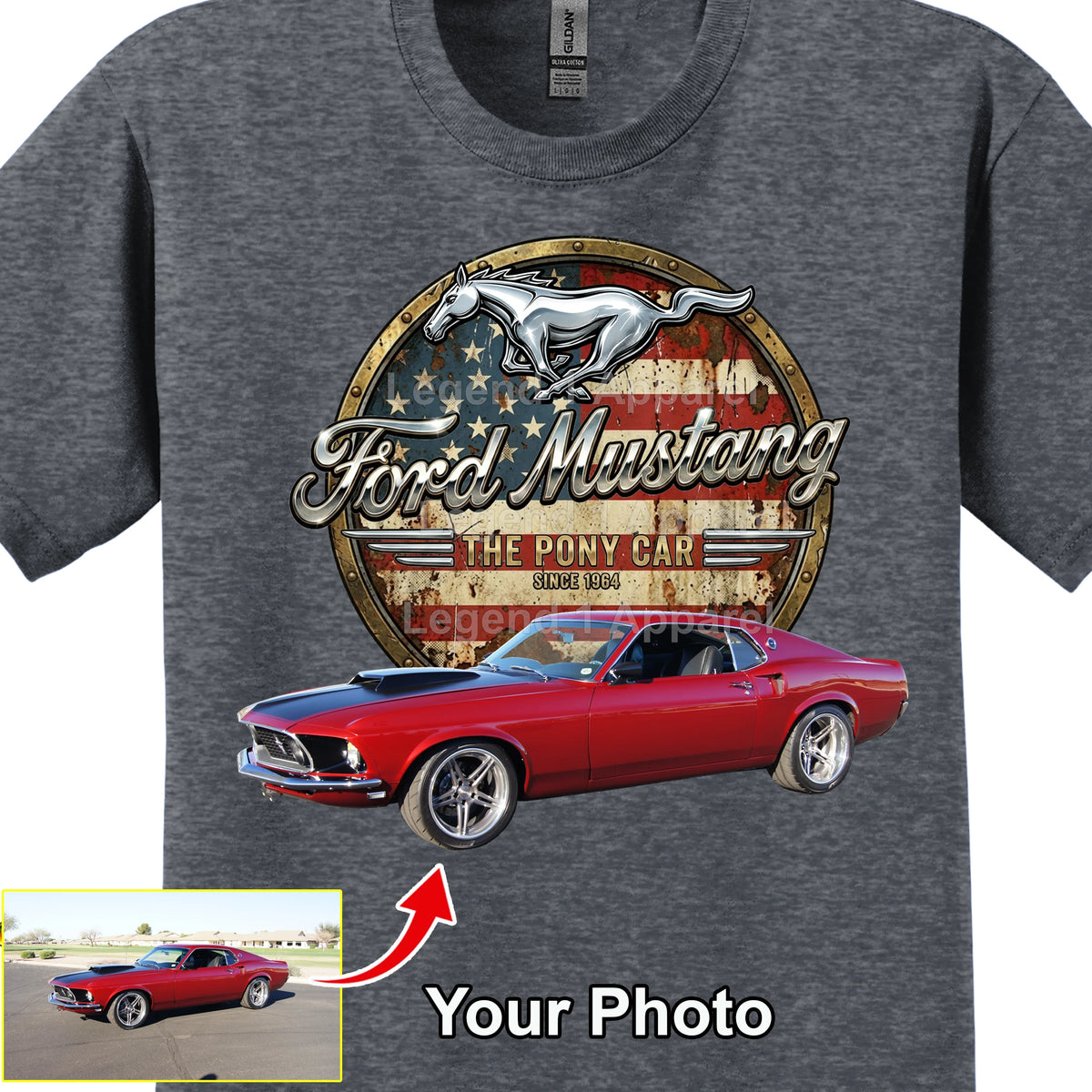 Your Classic Car or Hot Rod custom made T-shirt. Send us a picture of your car. Mustang pony car since 1964