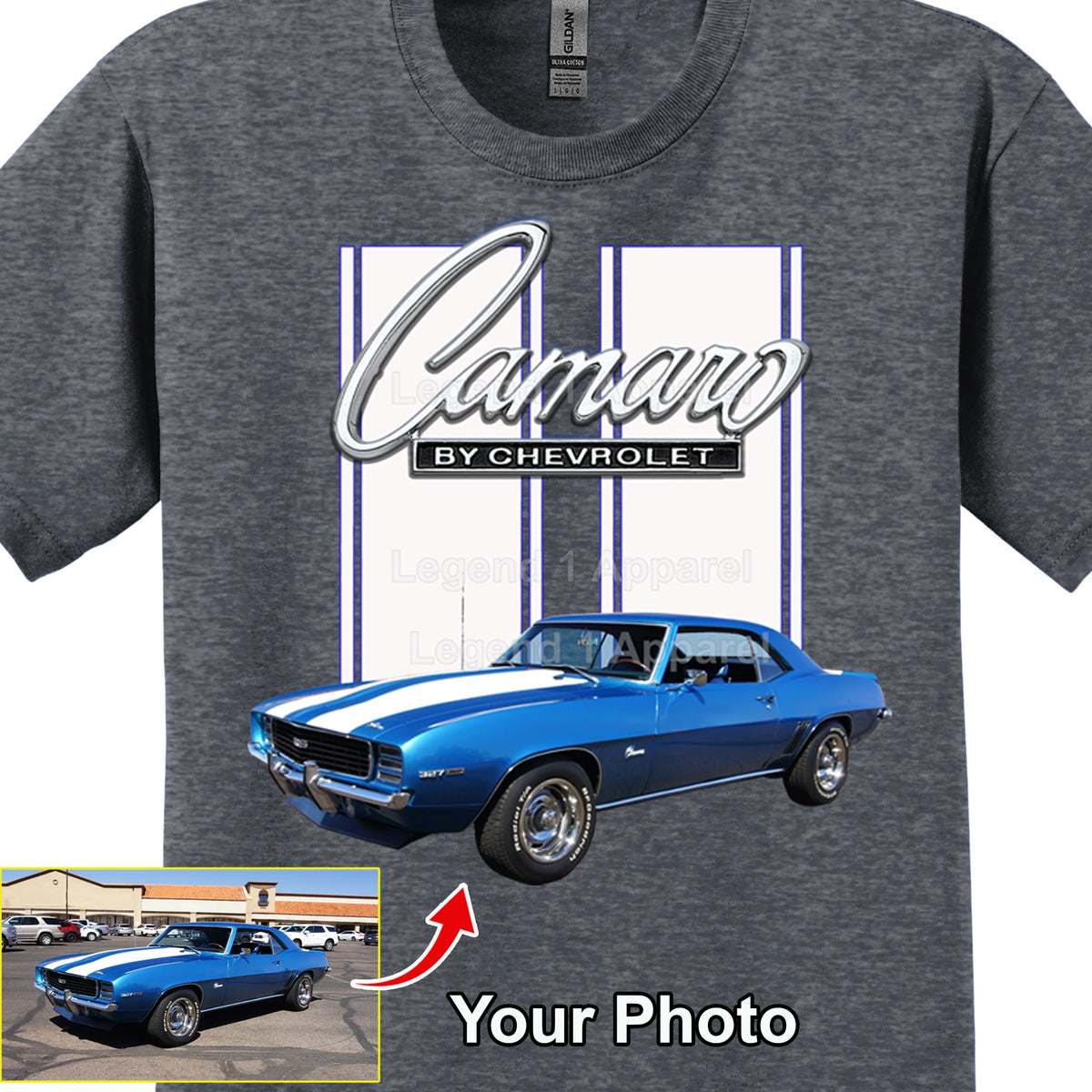 Your Classic Car or Hot Rod custom made T-shirt. Send us a picture of your car. Camaro by Chevrolet