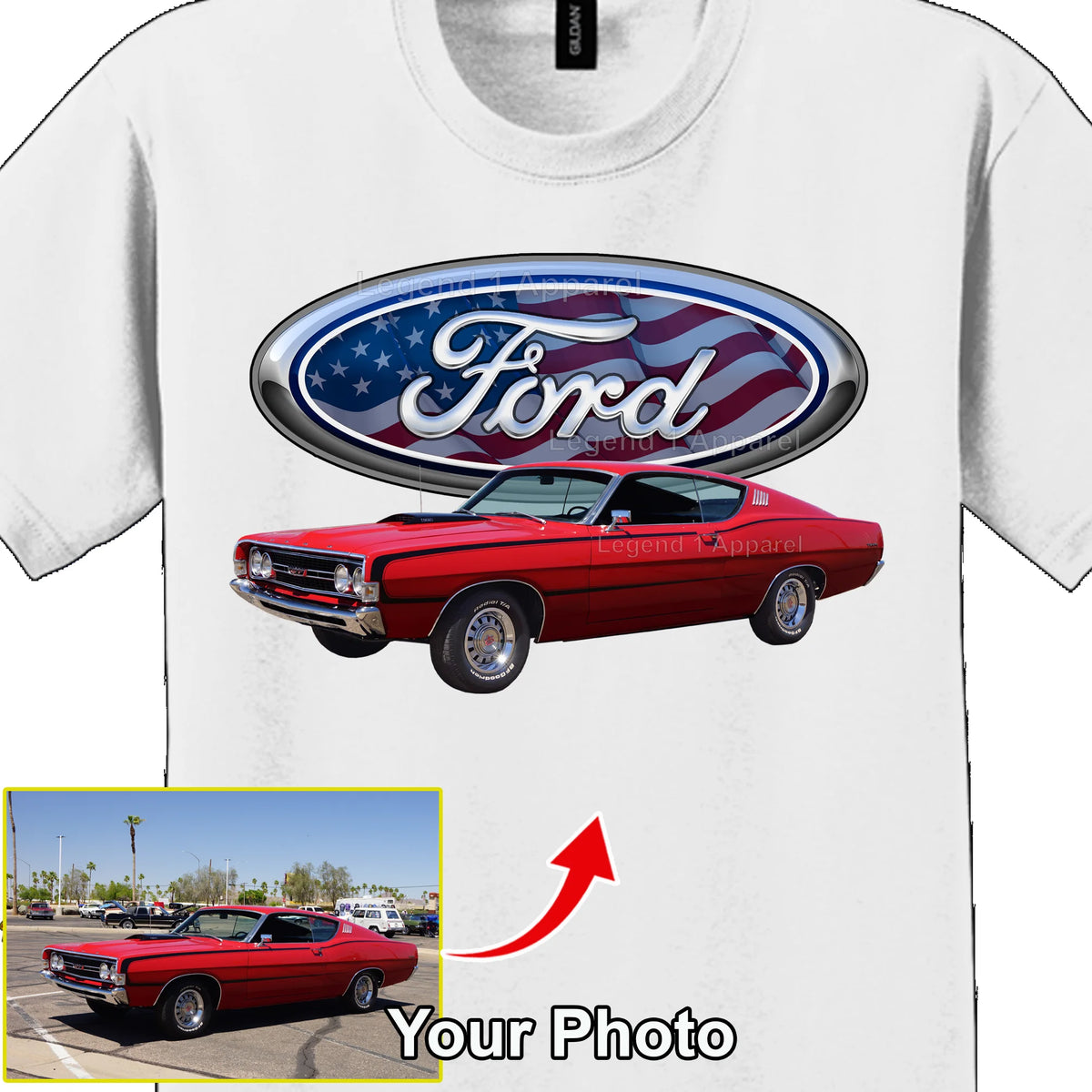 Your Classic Car or Hot Rod custom made T-shirt. Send us a picture of your car. Ford Patriotic Logo