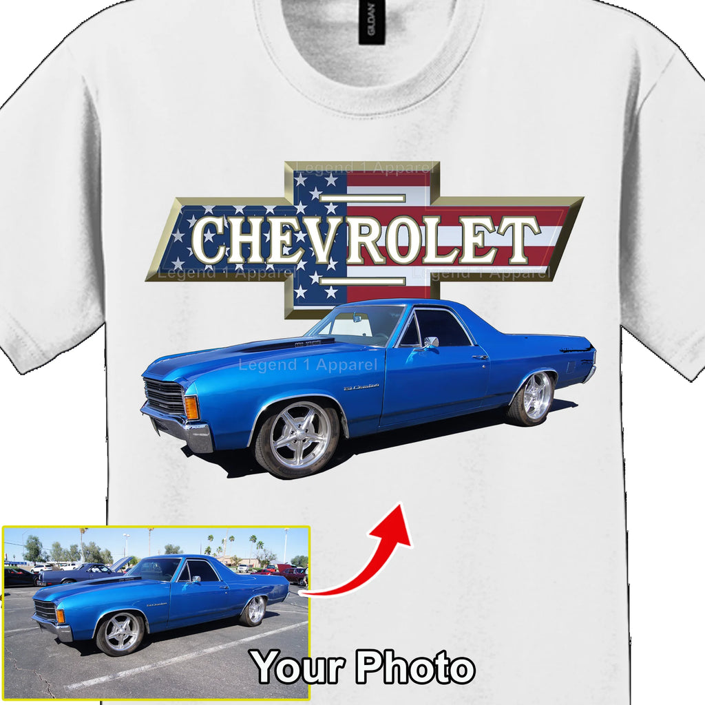 Your Classic Car or Hot Rod custom made T-shirt. Send us a picture of your car. Chevy Patriotic Bowtie