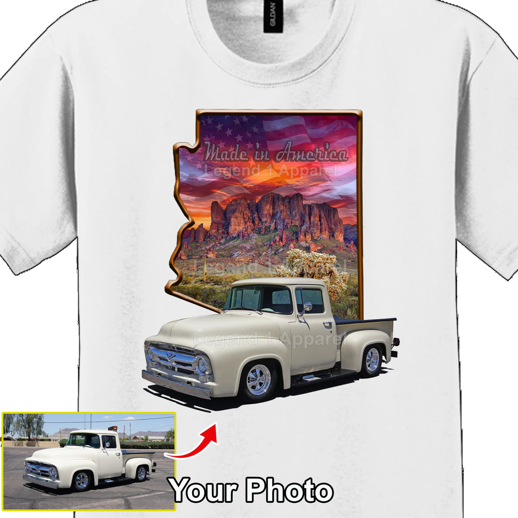 Your Classic Car or Hot Rod custom made T-shirt. Send us a picture of your car. Made in America Arizona Outline