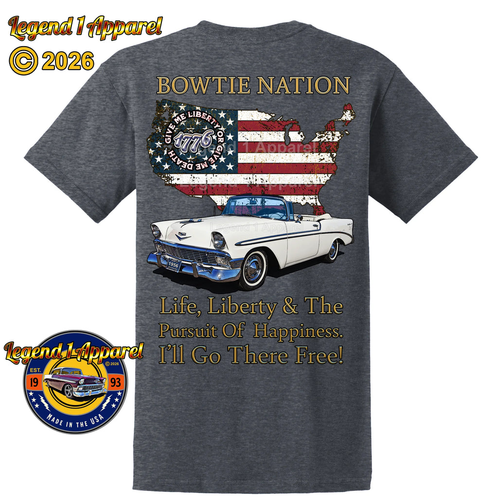 1956 Chevrolet Bel Air Convertible Bowtie Nation T-Shirt – 56 Chevy Classic Car Graphic Tee