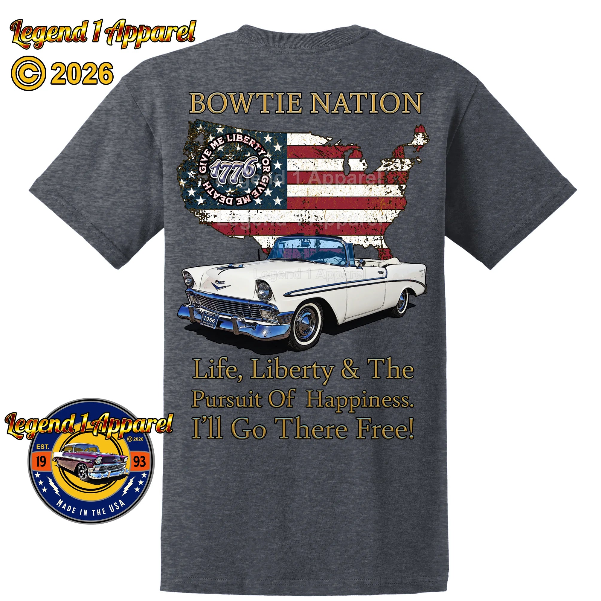 1956 Chevrolet Bel Air Convertible Bowtie Nation T-Shirt – 56 Chevy Classic Car Graphic Tee