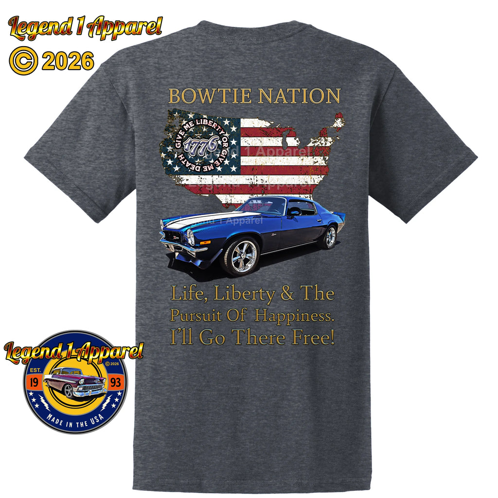 1973 Chevrolet Camaro Bowtie Nation T-Shirt – 73 Chevy Classic Car Graphic Tee
