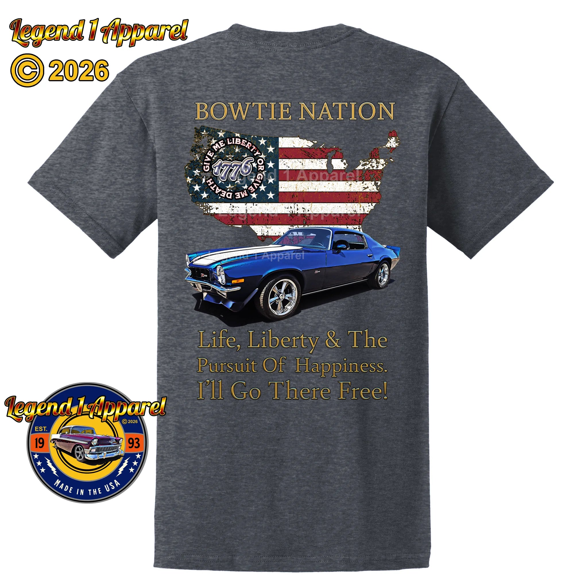 1973 Chevrolet Camaro Bowtie Nation T-Shirt – 73 Chevy Classic Car Graphic Tee