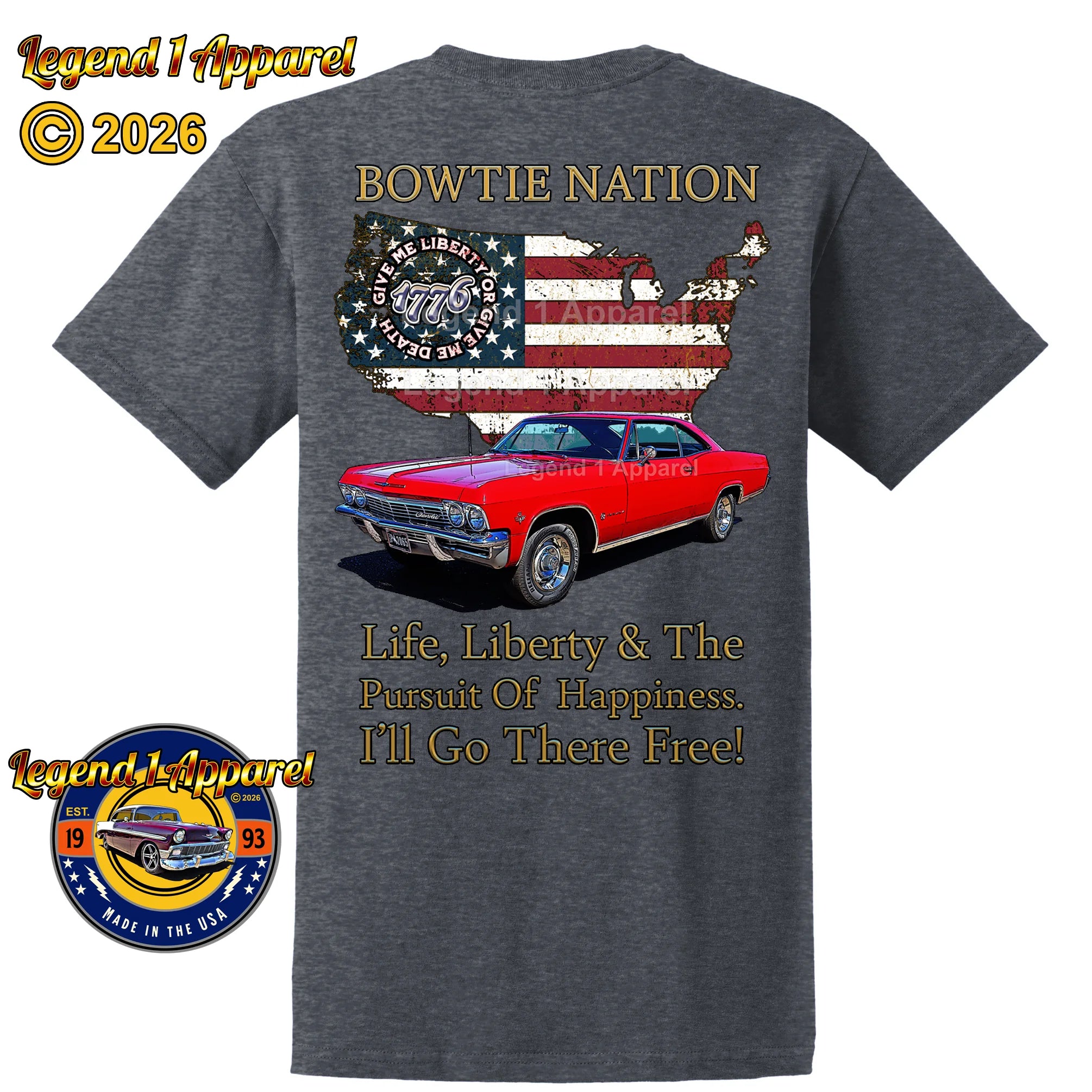 1965 Chevrolet Impala SS Bowtie Nation T-Shirt – 65 Chevy Classic Car Graphic Tee