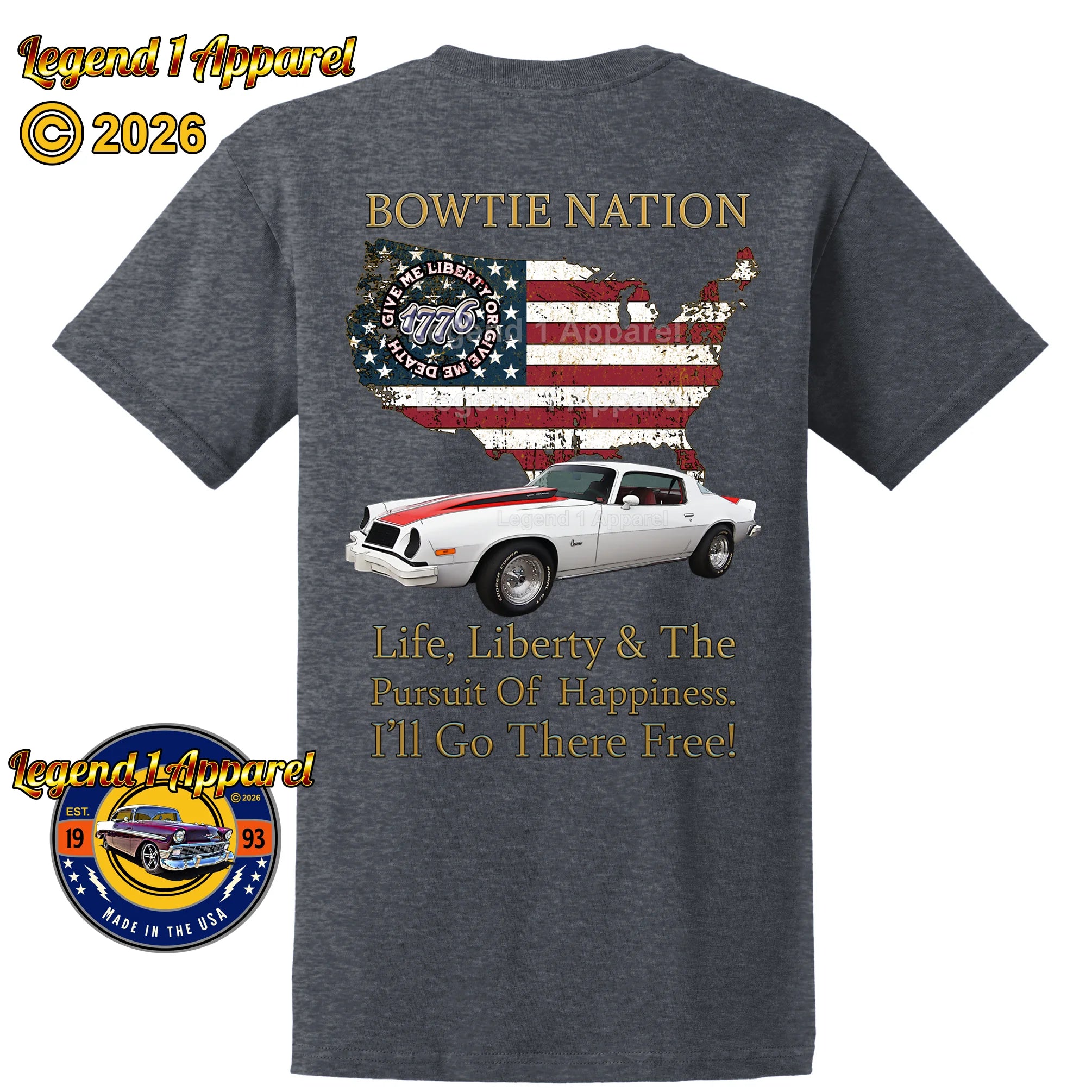 1976 Chevrolet Camaro Bowtie Nation T-Shirt – 76 Chevy Classic Car Graphic Tee
