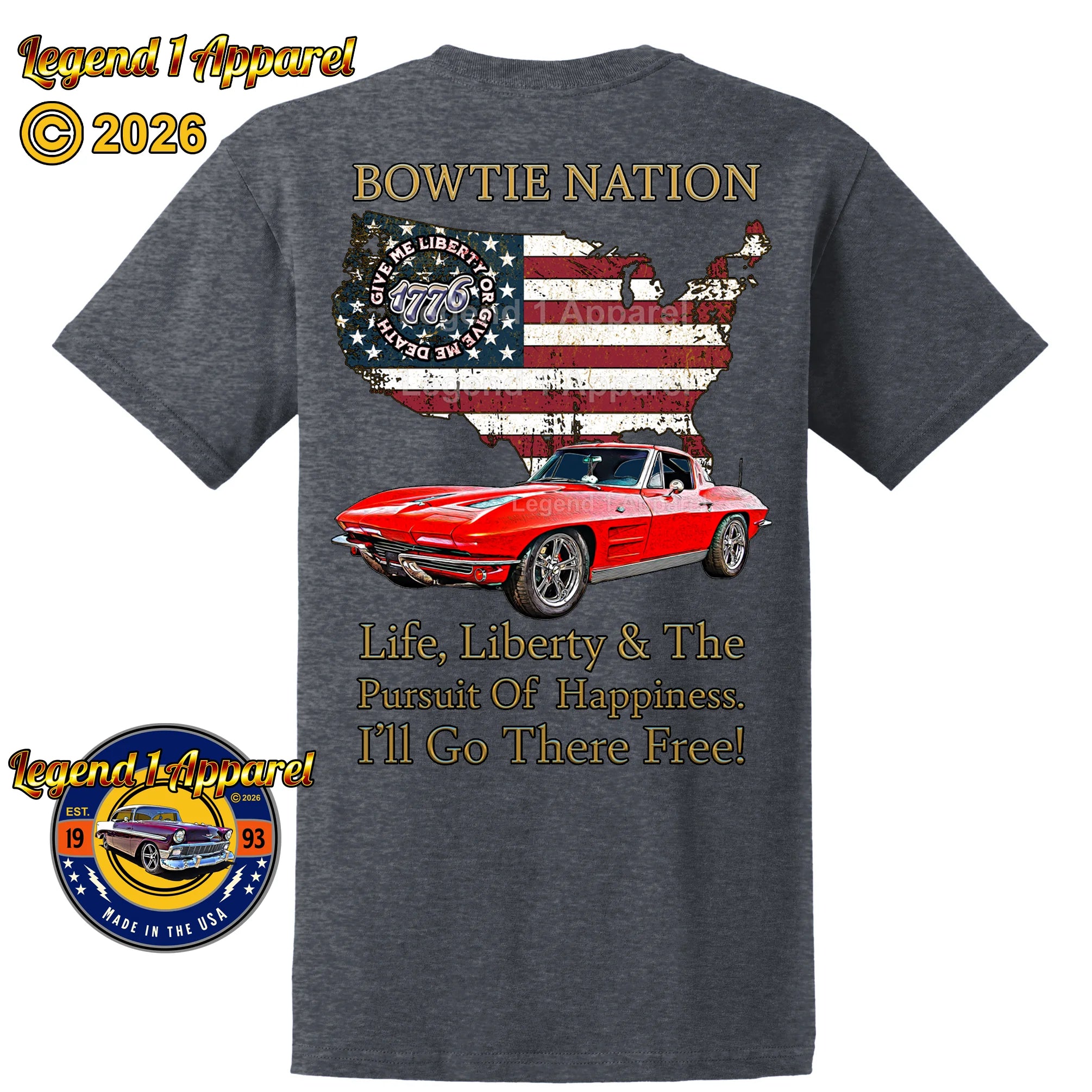 1963 Chevrolet C2 Corvette Bowtie Nation T-Shirt – 63 Chevy Classic Car Graphic Tee