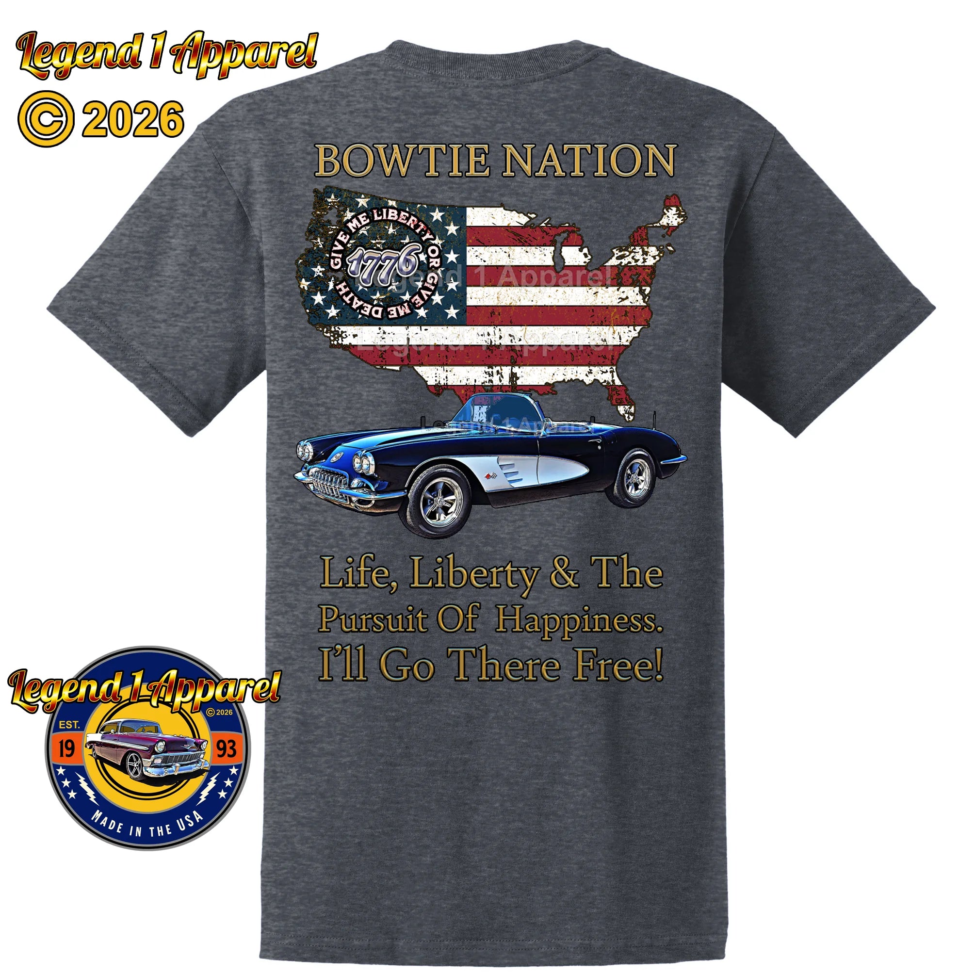 1960 Chevrolet C1 Corvette Bowtie Nation T-Shirt – 60 Chevy Classic Car Graphic Tee