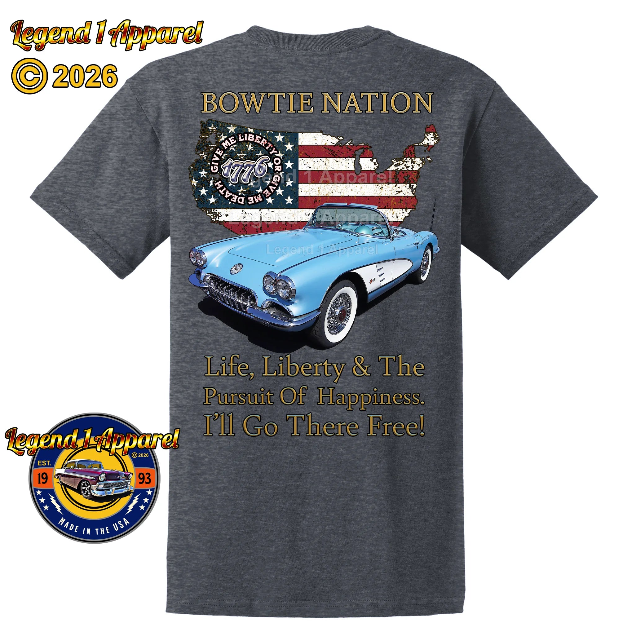 1960 Chevrolet C1 Corvette Bowtie Nation T-Shirt – 60 Chevy Classic Car Graphic Tee