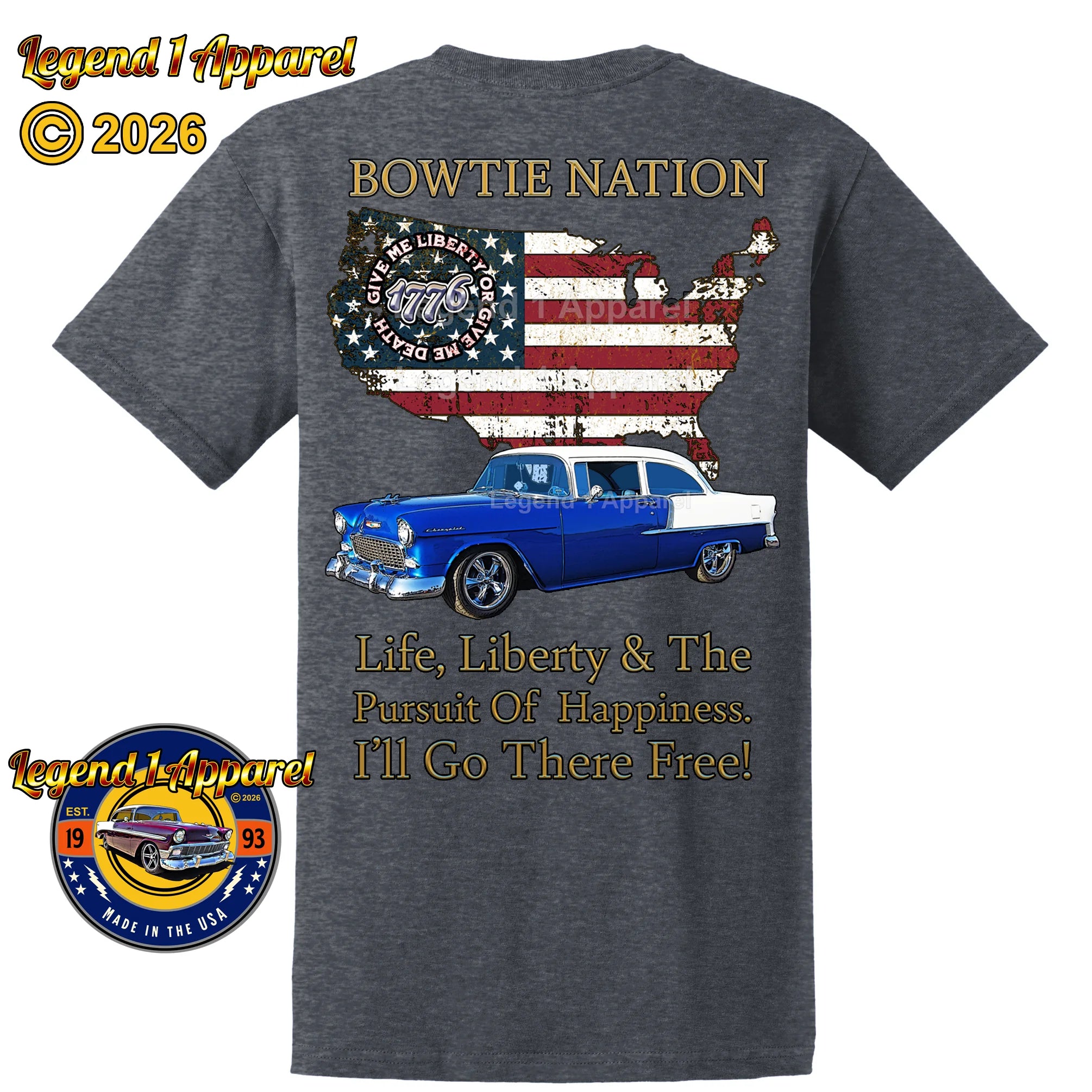 1955 Chevrolet Bel Air Bowtie Nation T-Shirt – 55 Chevy Classic Car Graphic Tee