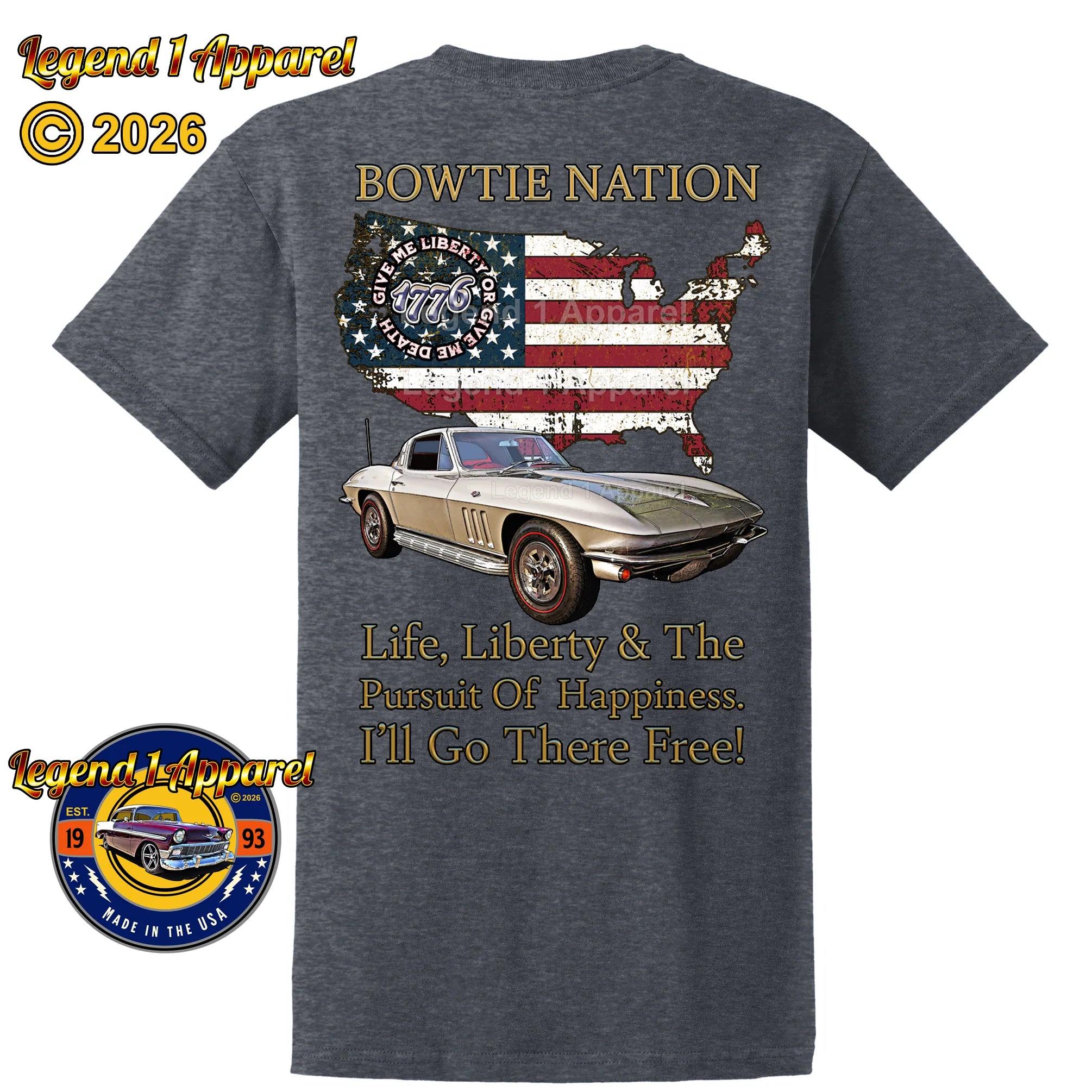 1965 Chevrolet C2 Corvette Bowtie Nation T-Shirt – 65 Chevy Classic Car Graphic Tee