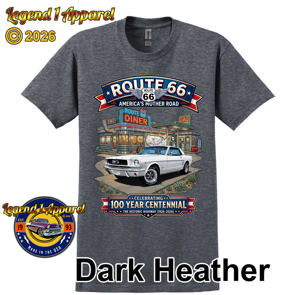 1966 Ford Mustang Hardtop Classic Car Graphic Tee – Route 66 Centennial T-Shirt