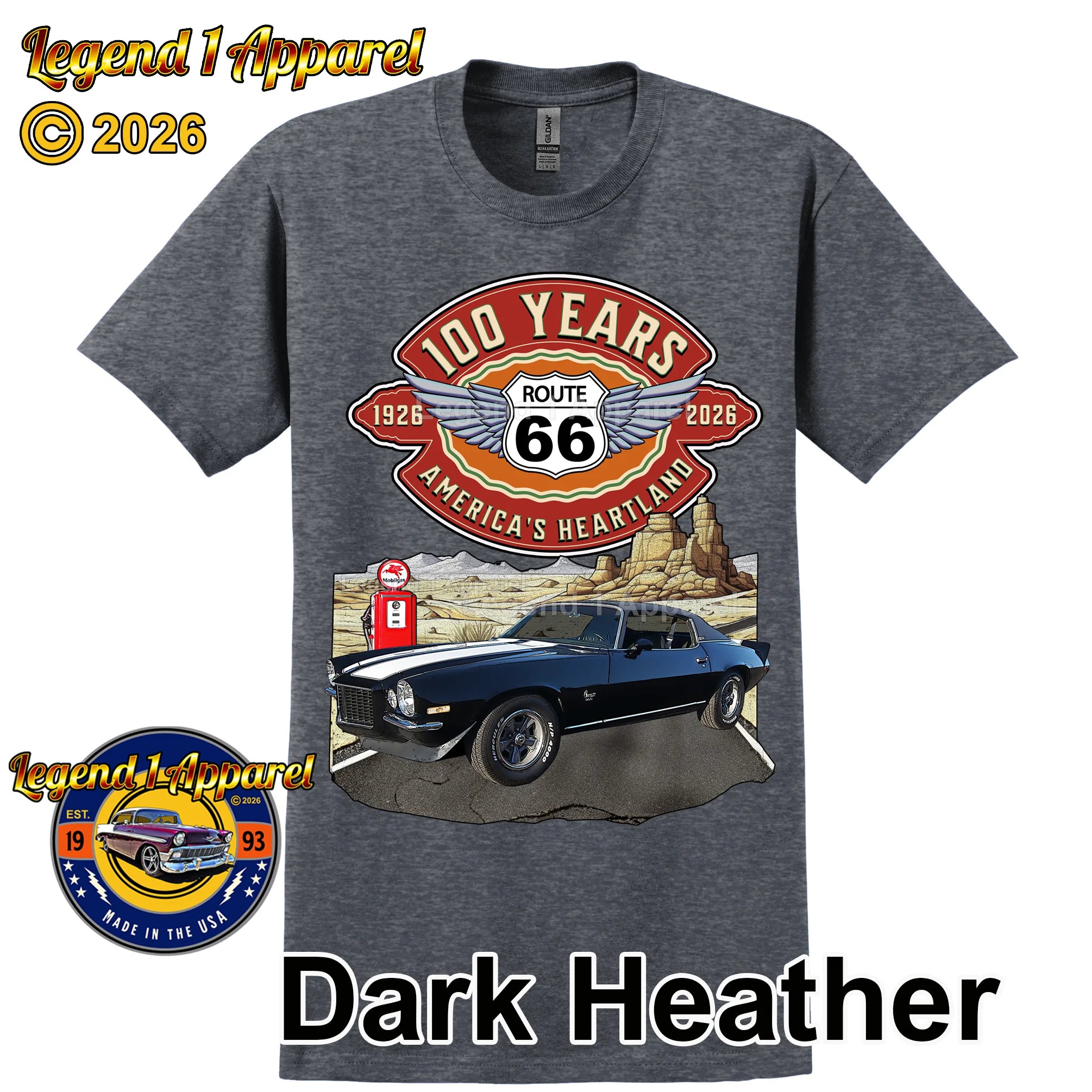 1973 Chevrolet Camaro Classic Car Graphic Tee – Route 66 100 Years T-Shirt