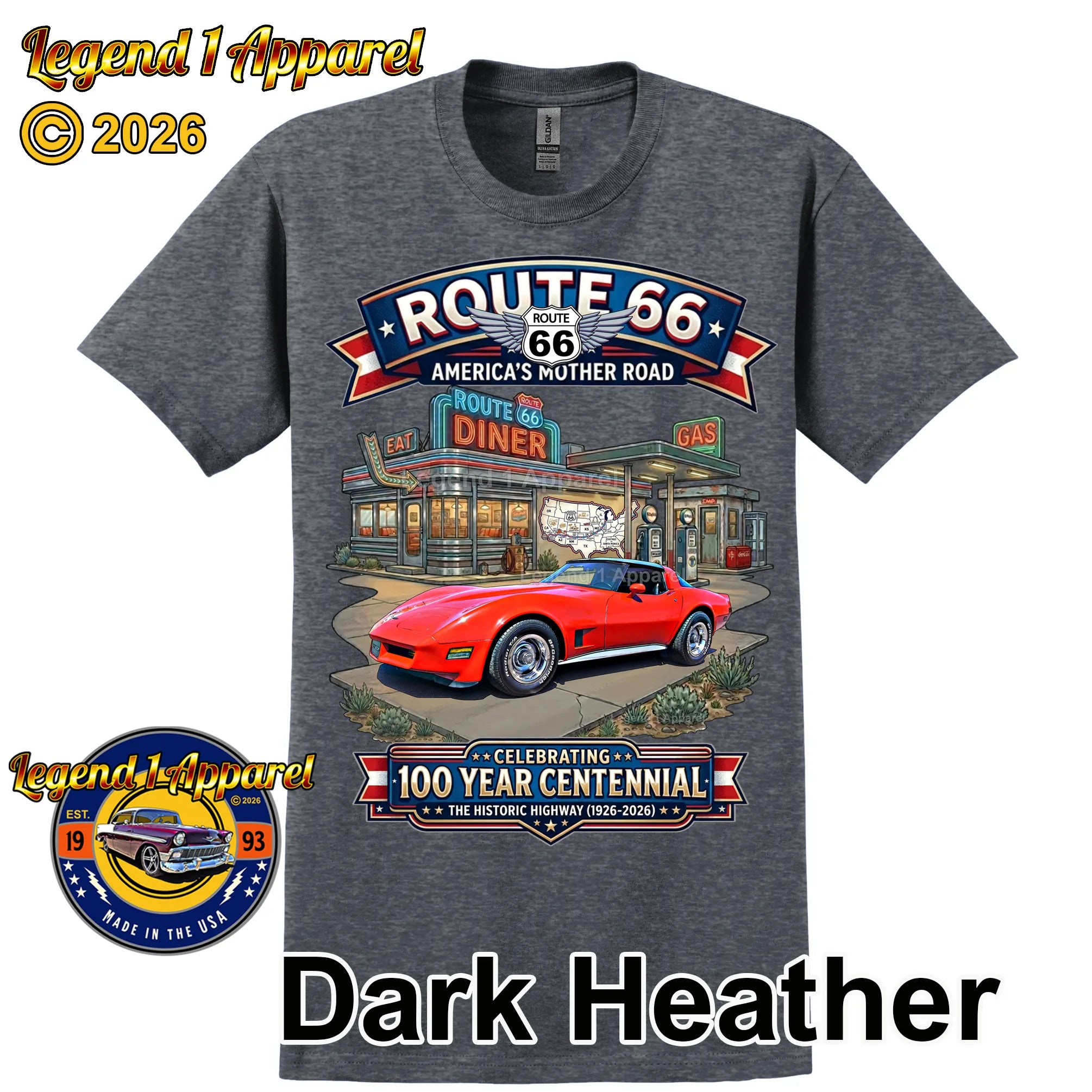 1980 Chevrolet Corvette C3 Classic Car Graphic Tee – Route 66 Centennial T-Shirt