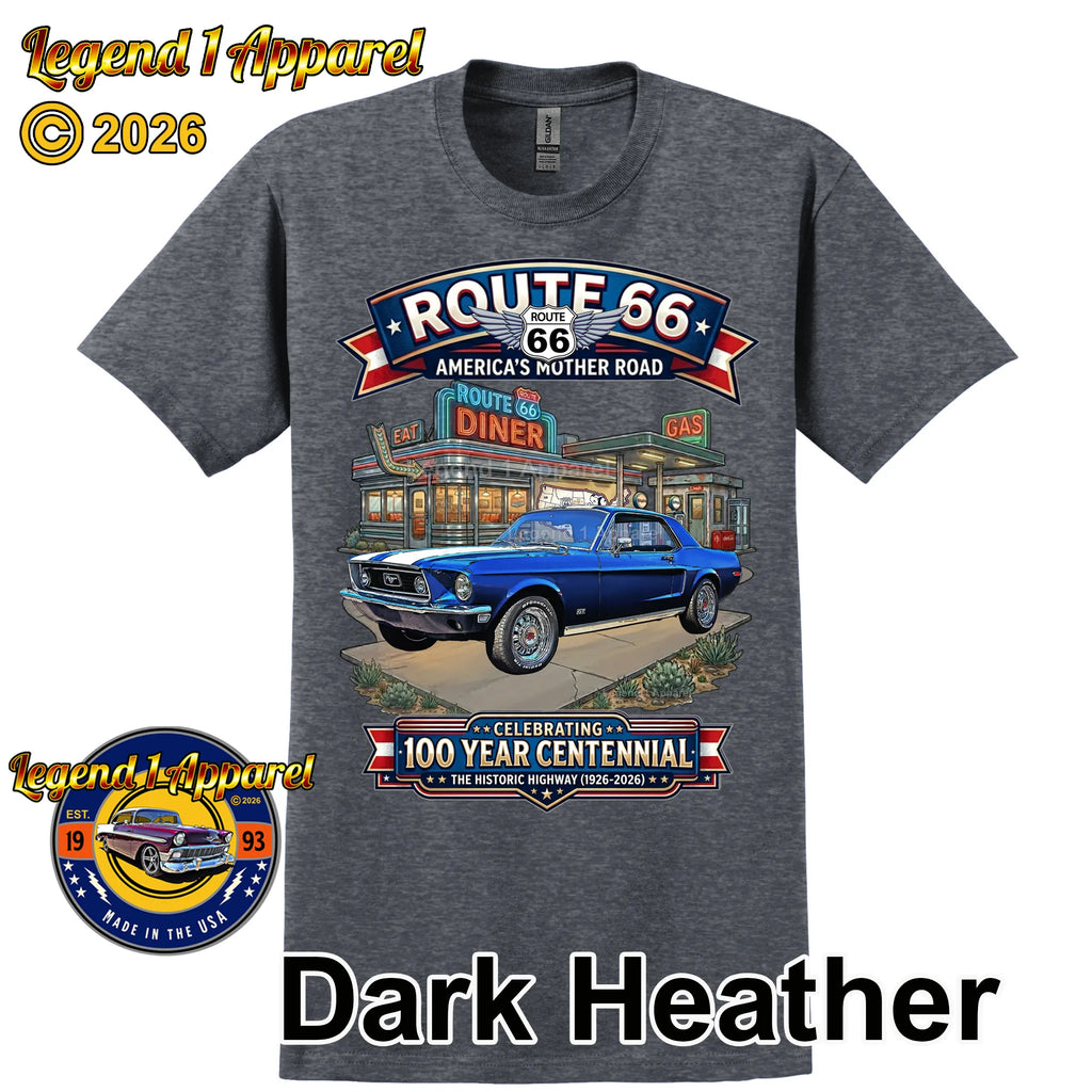 1968 Ford Mustang GT Classic Car Graphic Tee – Route 66 Centennial T-Shirt