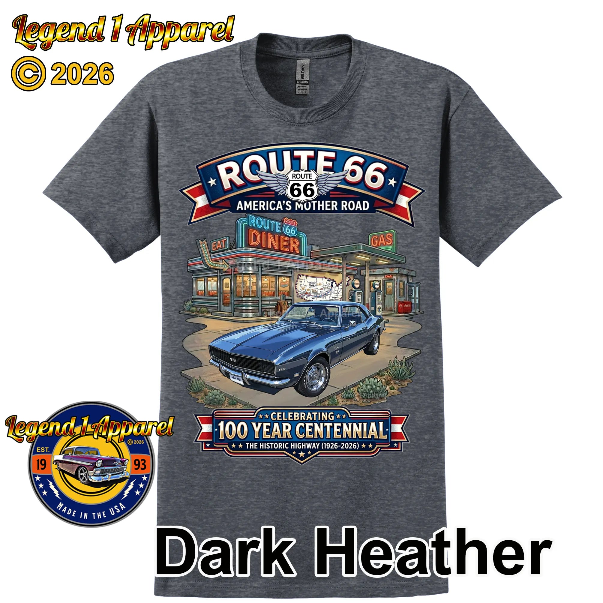 1968 Chevrolet Camaro Classic Car Graphic Tee – Route 66 Centennial T-Shirt