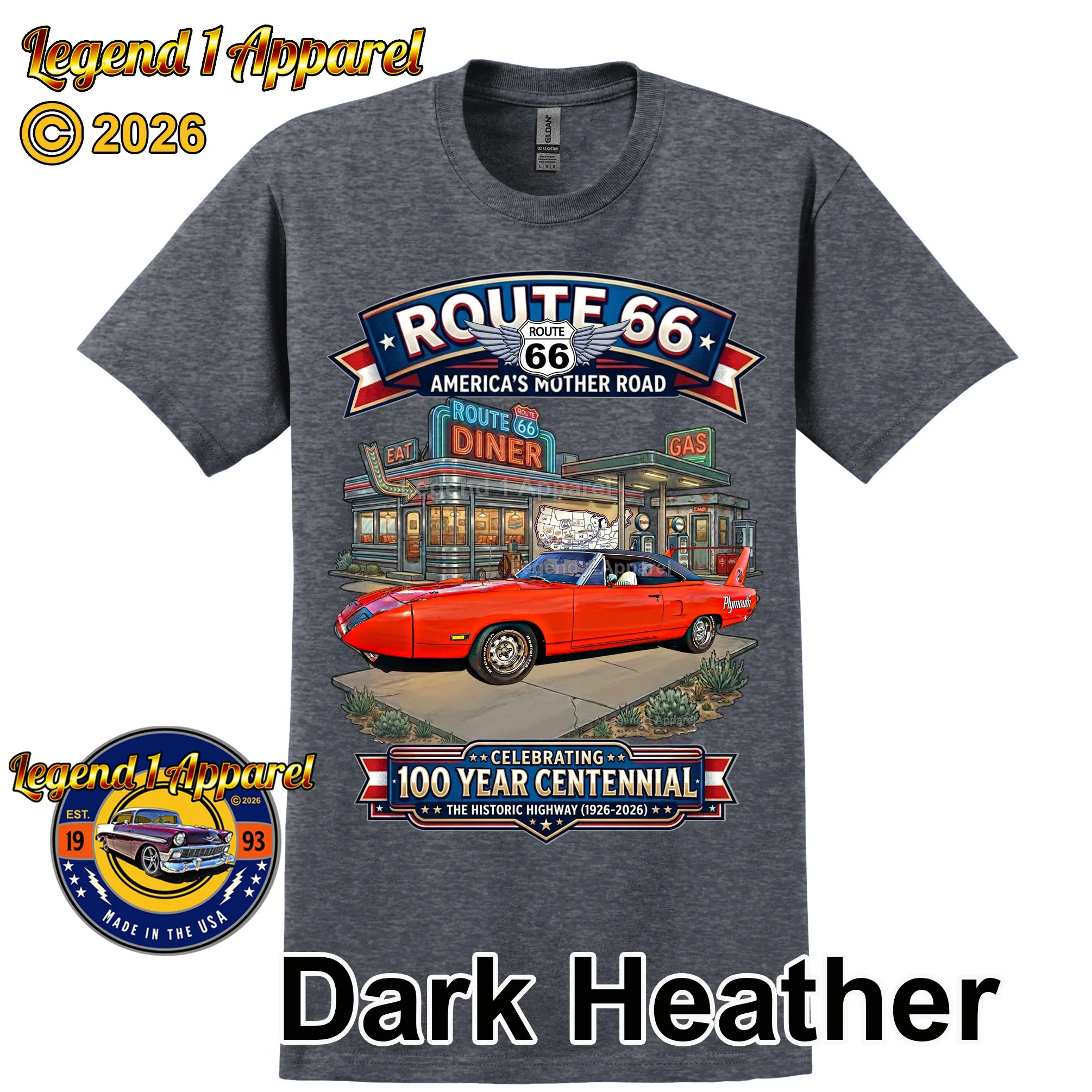 1970 Plymouth Roadrunner Superbird Classic Car Graphic Tee – Route 66 Centennial T-Shirt