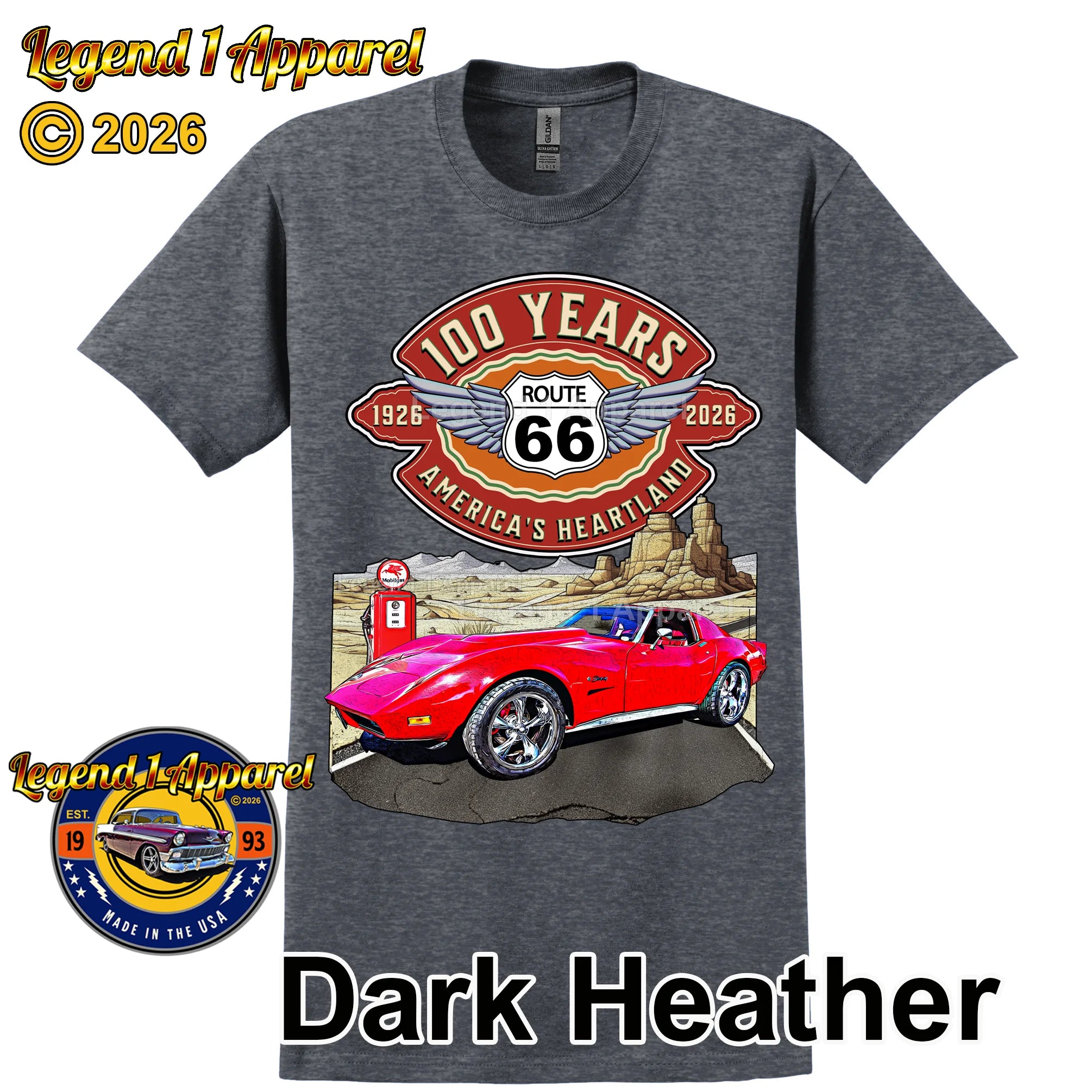 1974 Chevrolet Corvette C3 Classic Car Graphic Tee – Route 66 100 Years T-Shirt