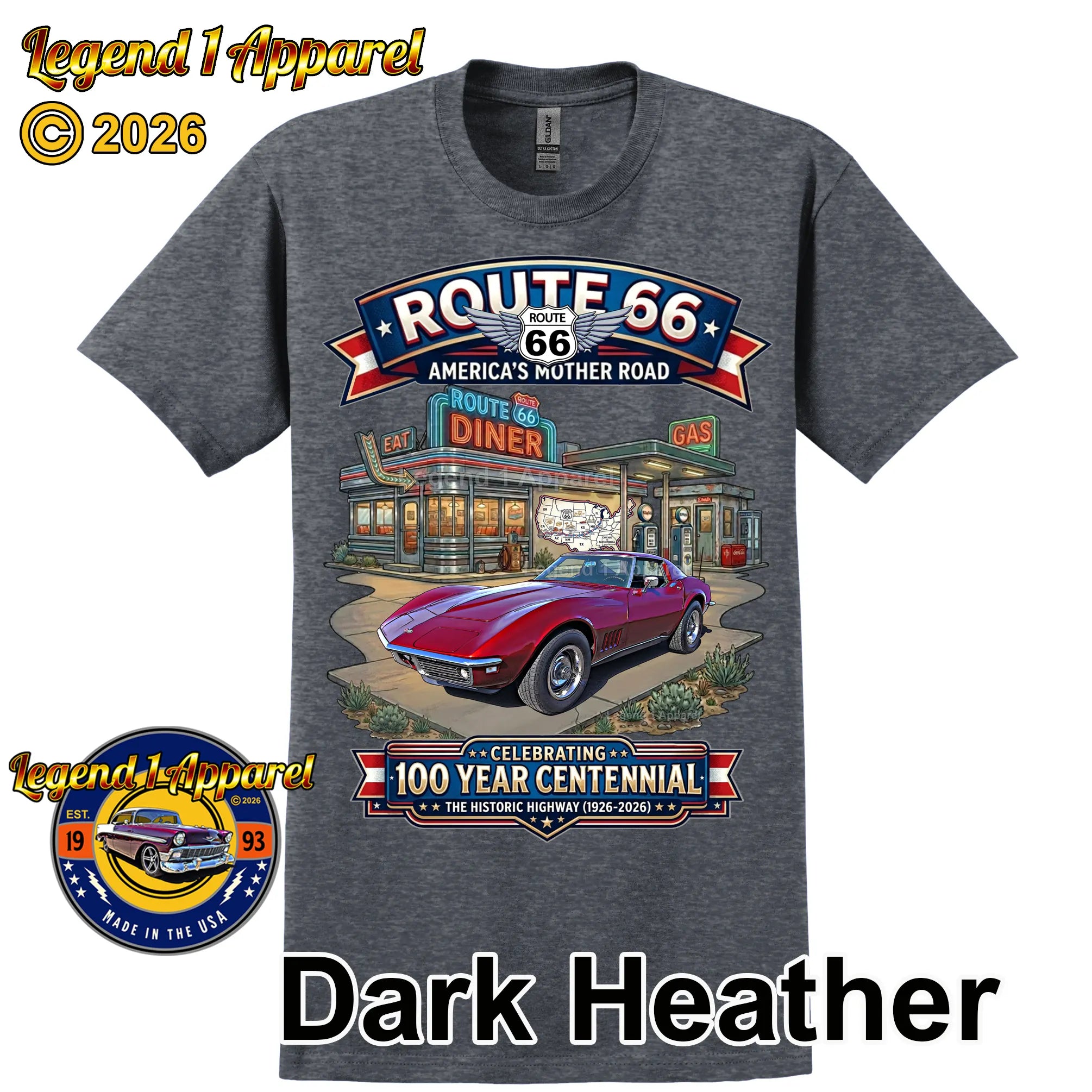 1969 Chevrolet Corvette C3 Classic Car Graphic Tee – Route 66 Centennial T-Shirt
