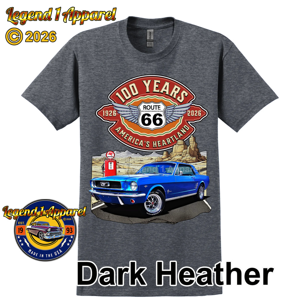 1966 Ford Mustang Hardtop Classic Car Graphic Tee – Route 66 100 Years T-Shirt