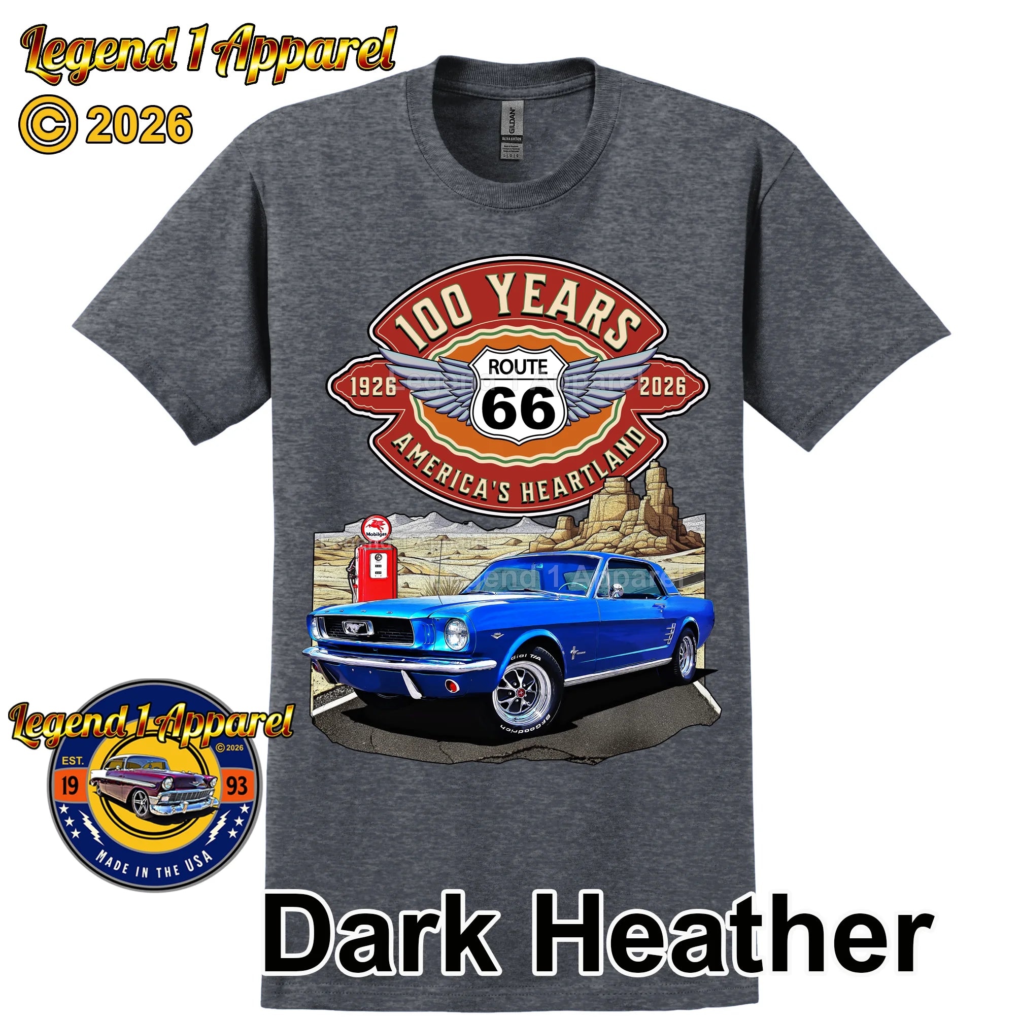 1966 Ford Mustang Hardtop Classic Car Graphic Tee – Route 66 100 Years T-Shirt