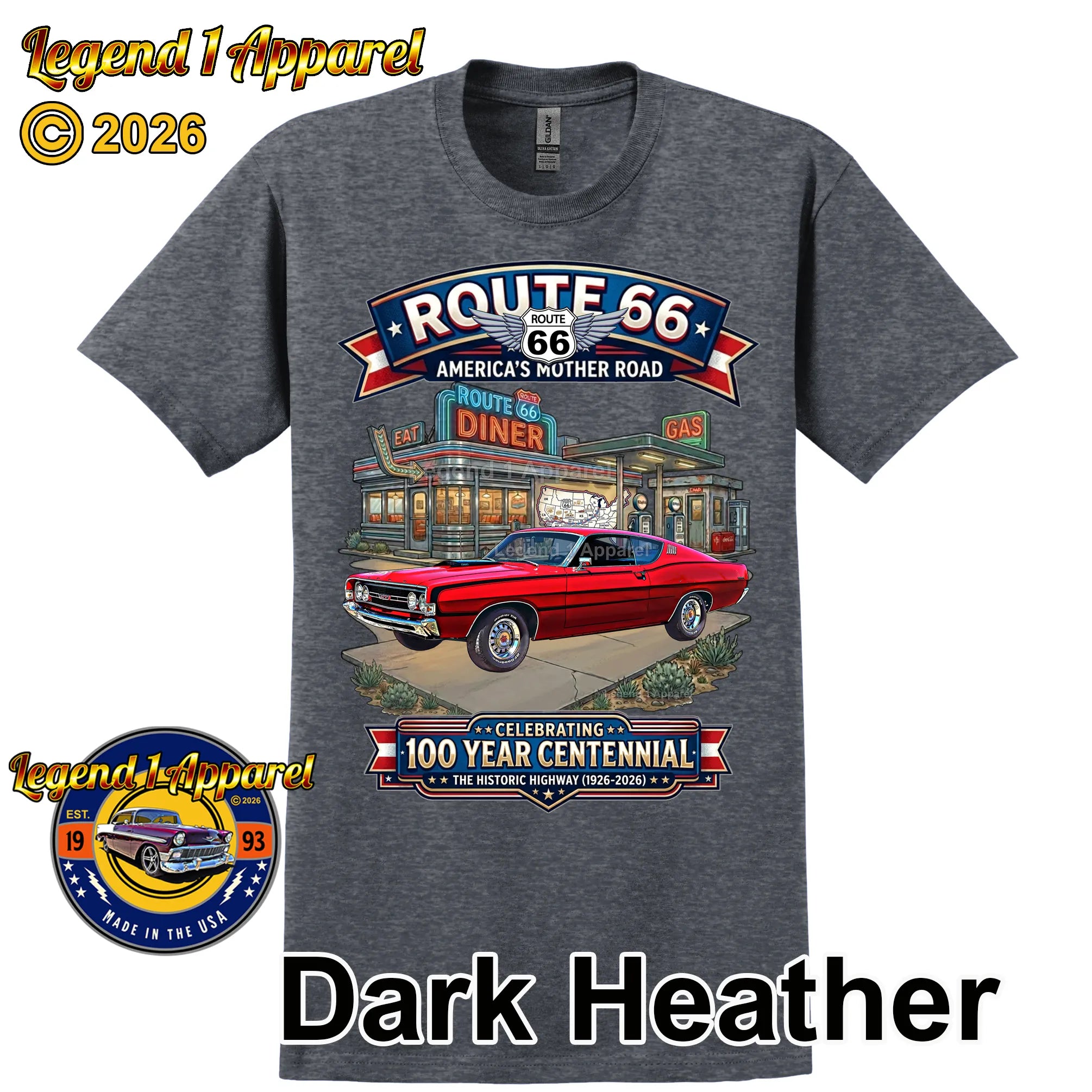 1968 Ford Torino GT Classic Car Graphic Tee – Route 66 Centennial T-Shirt