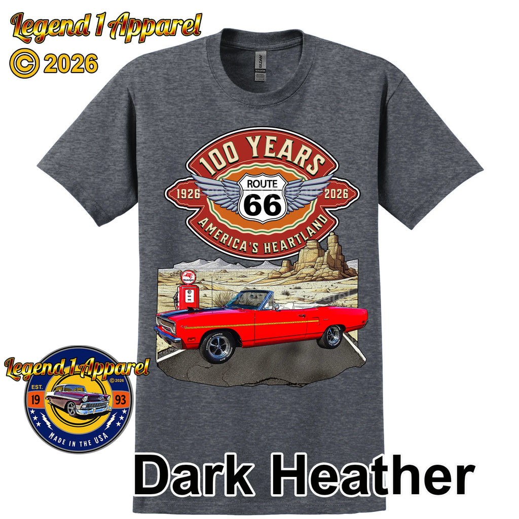 1970 Plymouth RoadRunner Classic Car Graphic Tee – Route 66 100 Years T-Shirt