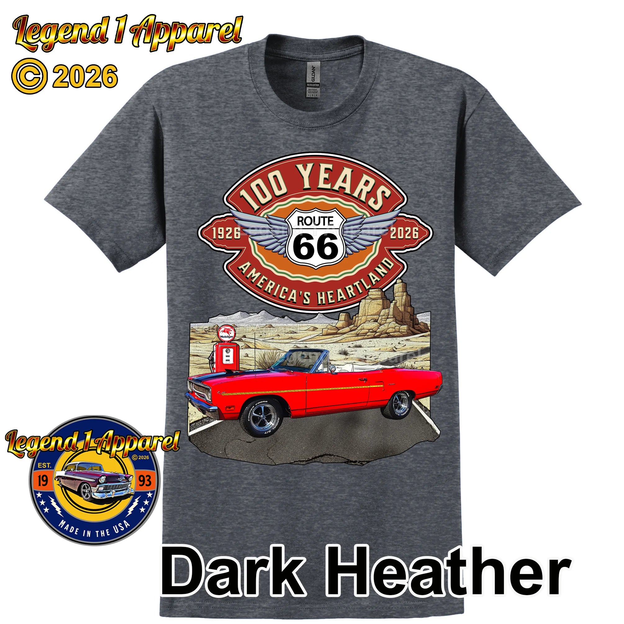 1970 Plymouth RoadRunner Classic Car Graphic Tee – Route 66 100 Years T-Shirt