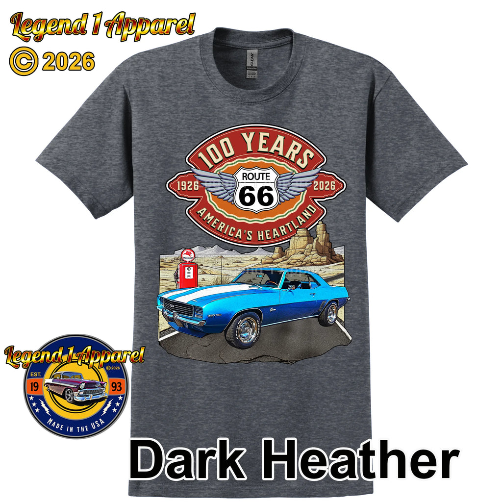 1969 Chevrolet Camaro Classic Car Graphic Tee – Route 66 100 Years T-Shirt