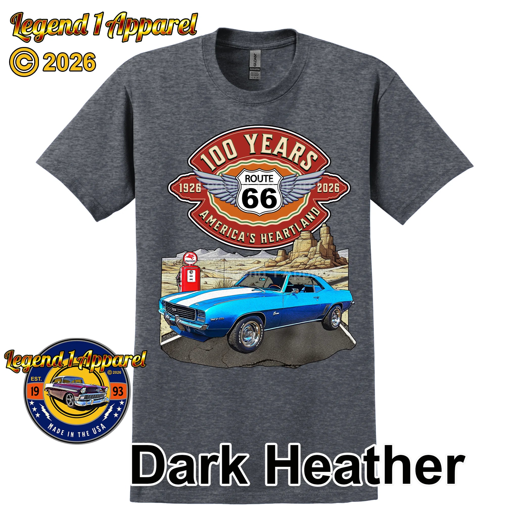 1969 Chevrolet Camaro Classic Car Graphic Tee – Route 66 100 Years T-Shirt