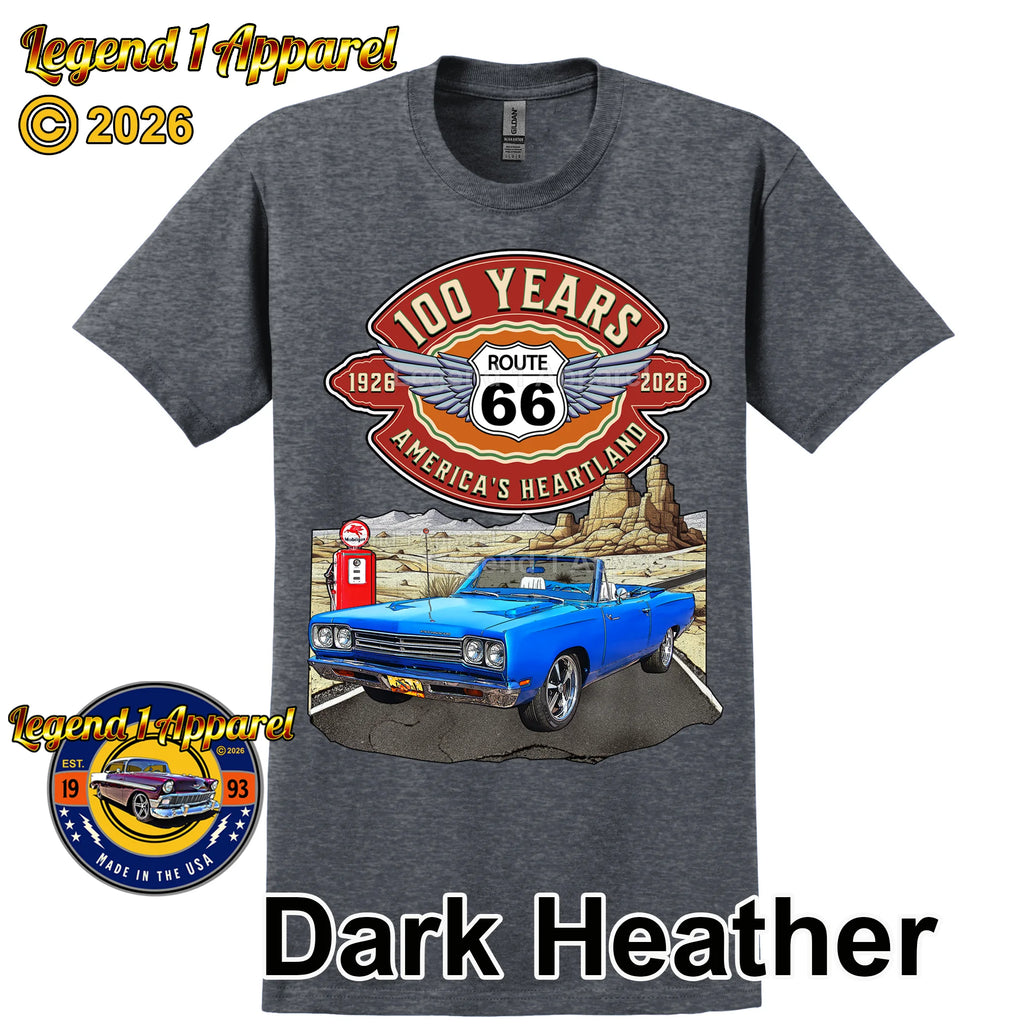 1969 Plymouth RoadRunner Classic Car Graphic Tee – Route 66 100 Years T-Shirt