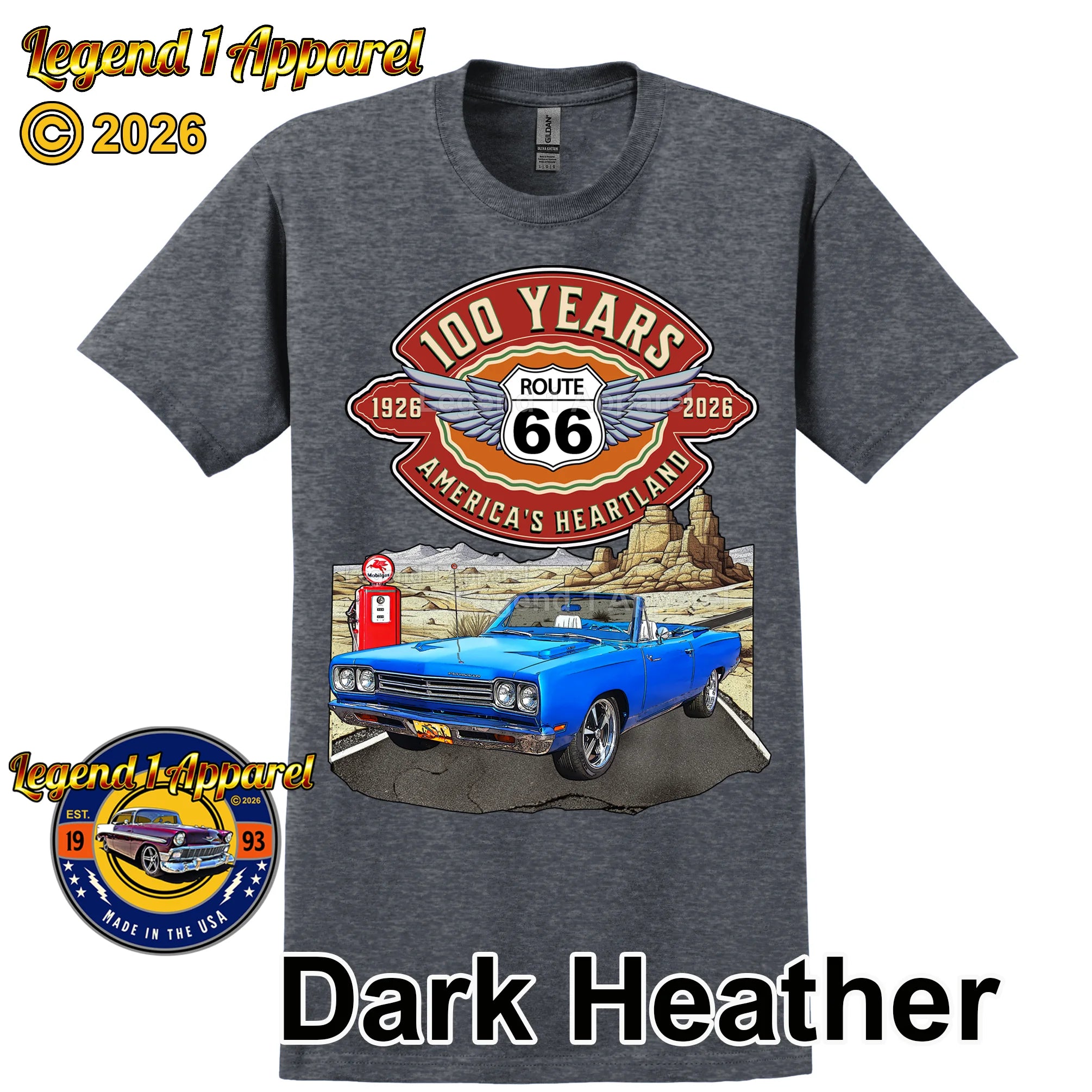 1969 Plymouth RoadRunner Classic Car Graphic Tee – Route 66 100 Years T-Shirt