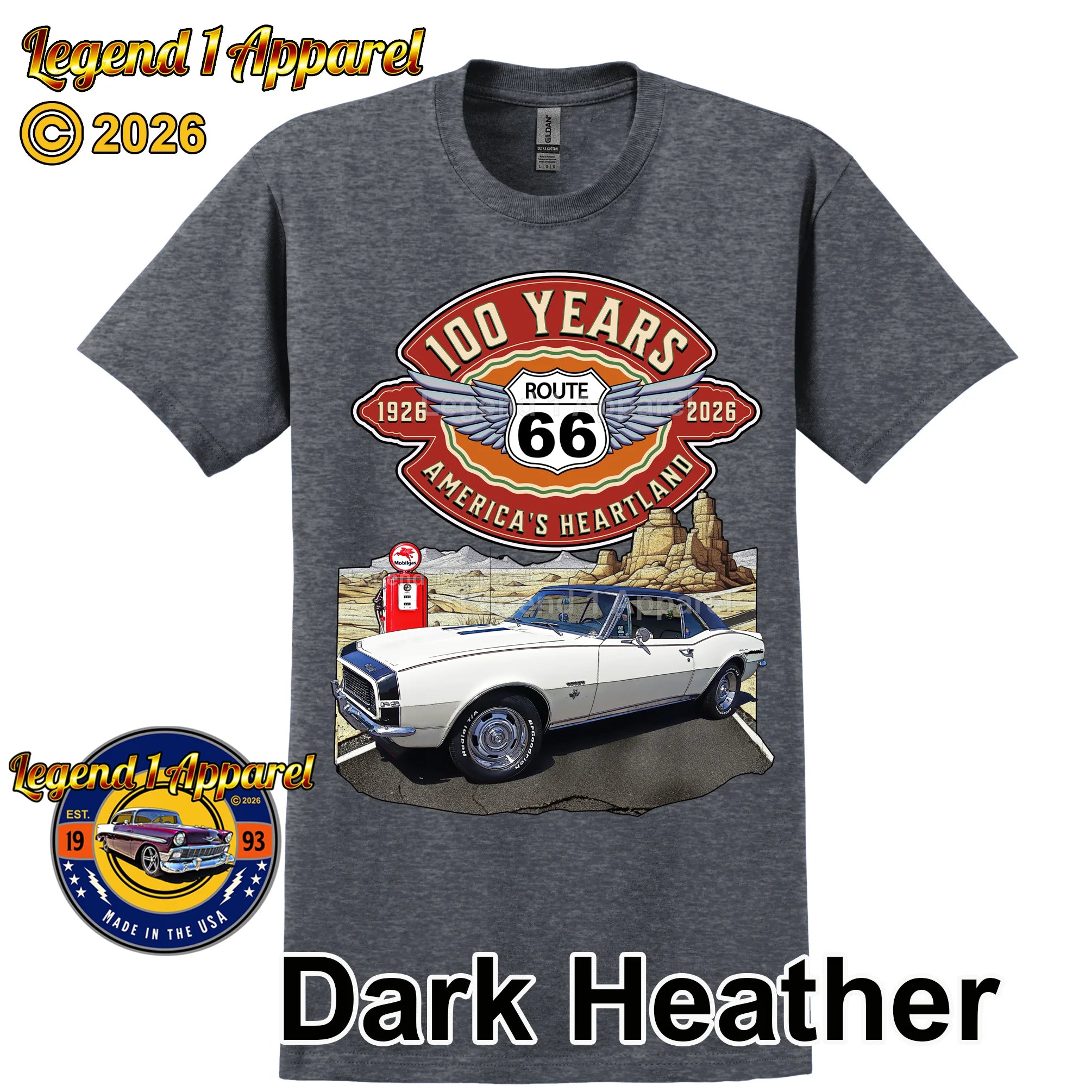 1967 Chevrolet Camaro Classic Car Graphic Tee – Route 66 100 Years T-Shirt