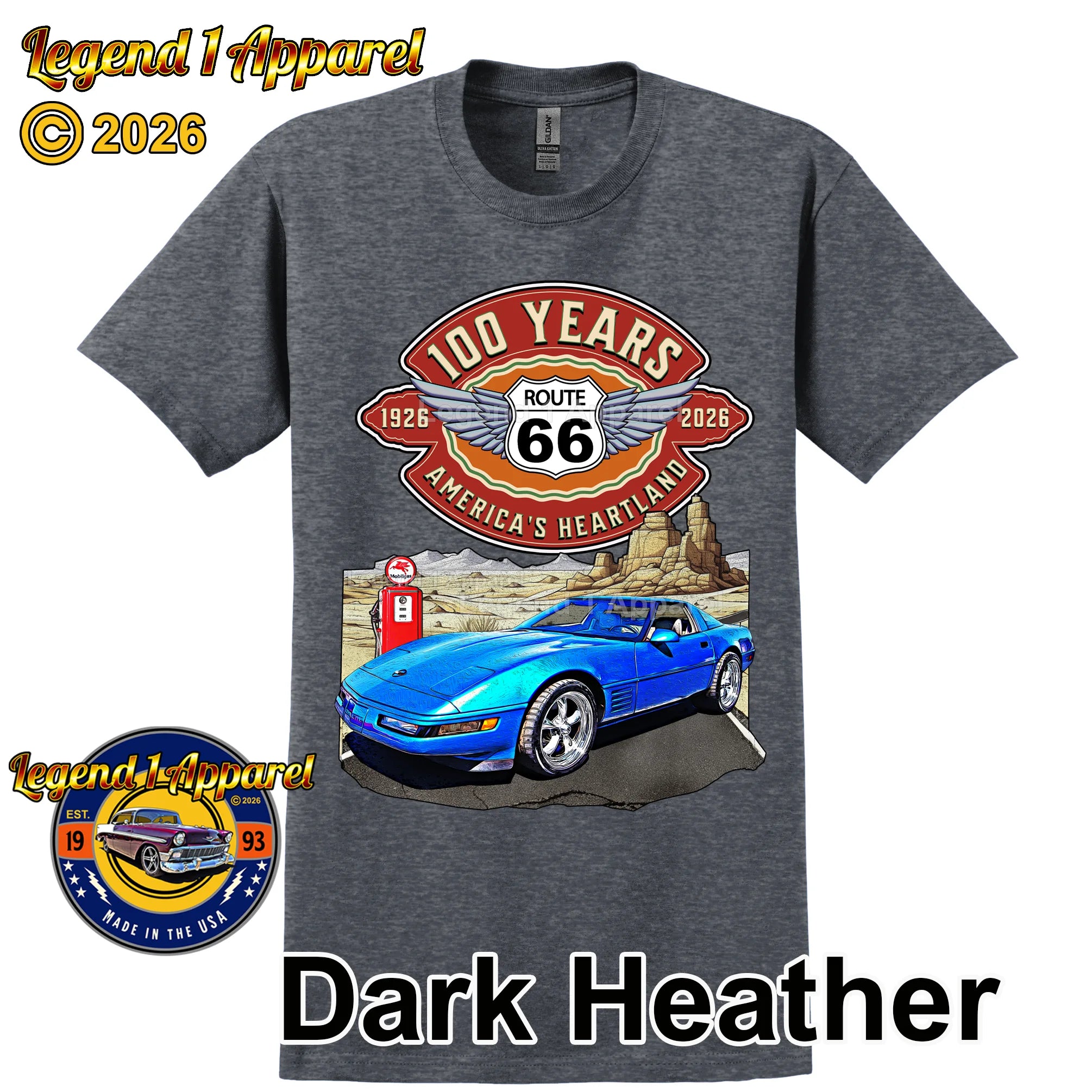 1992 Chevrolet Corvette C4 Classic Car Graphic Tee – Route 66 100 Years T-Shirt