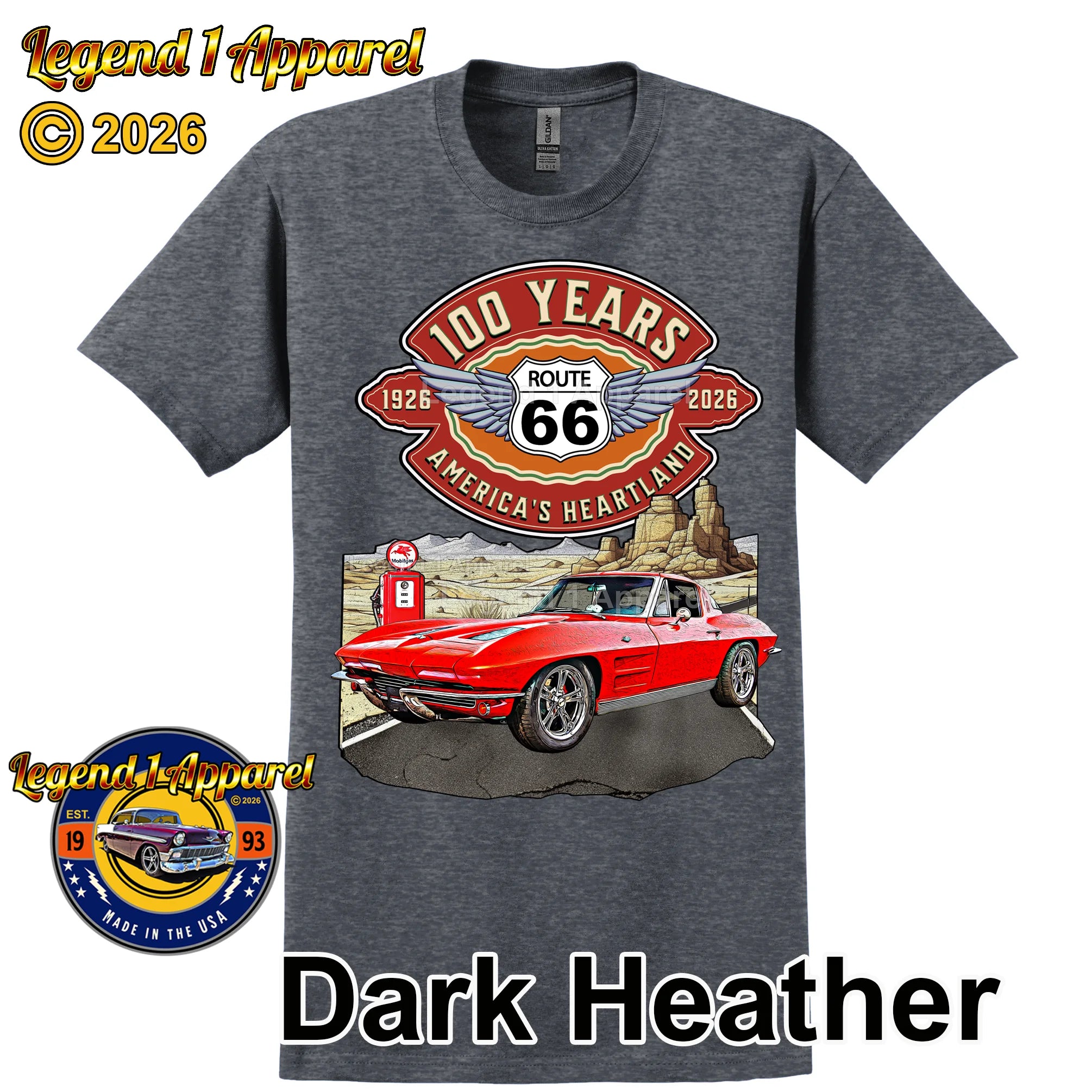 1963 Chevrolet Corvette C2 Classic Car Graphic Tee – Route 66 100 Years T-Shirt