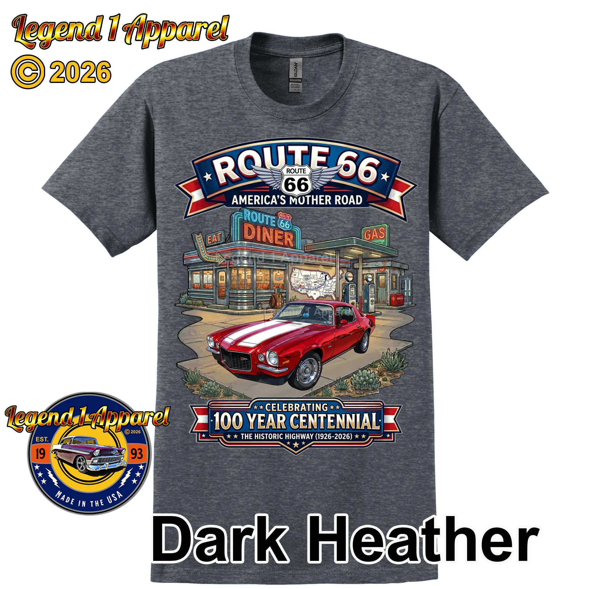 1970 Chevrolet Camaro Classic Car Graphic Tee – Route 66 Centennial T-Shirt