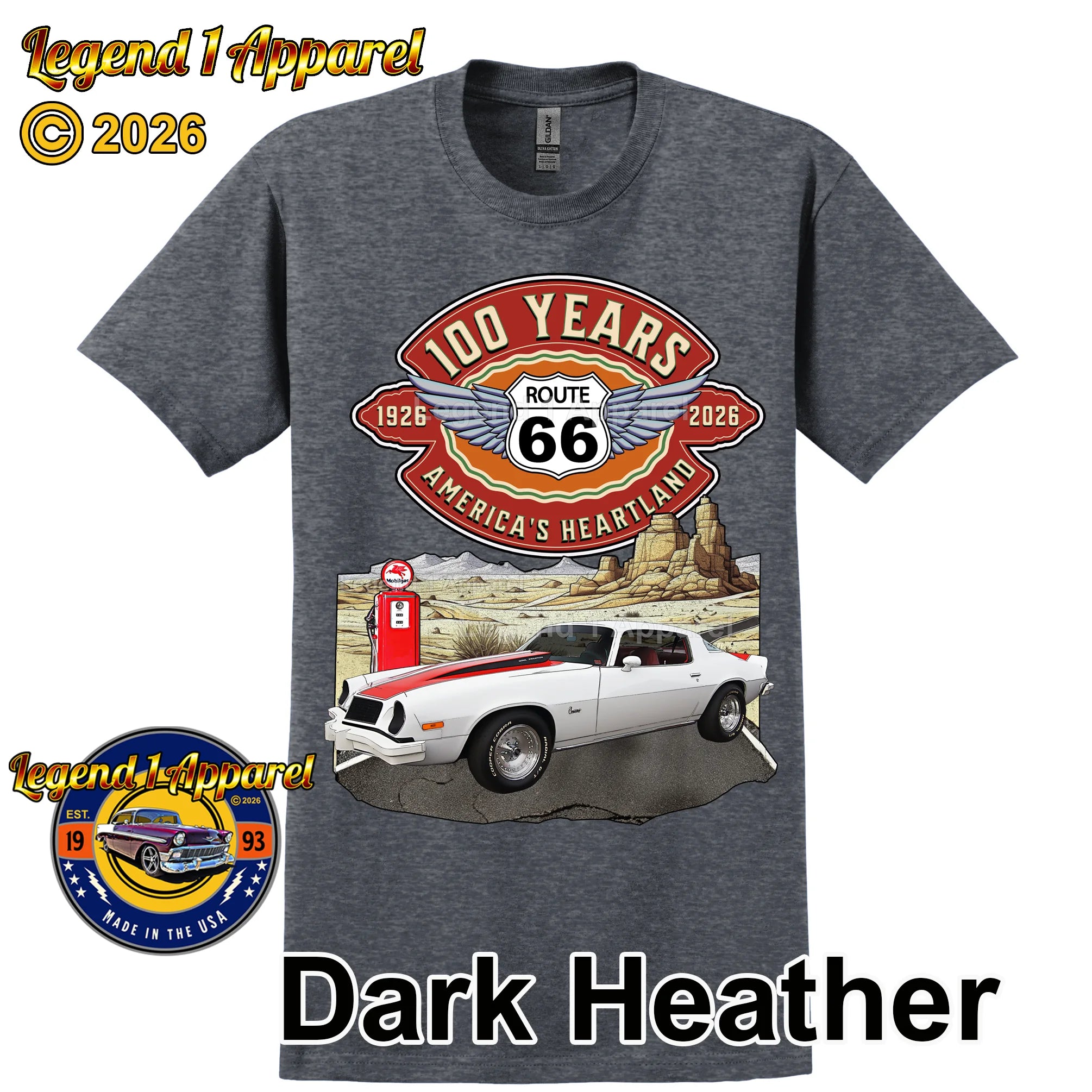 1976 Chevrolet Camaro Classic Car Graphic Tee – Route 66 100 Years T-Shirt