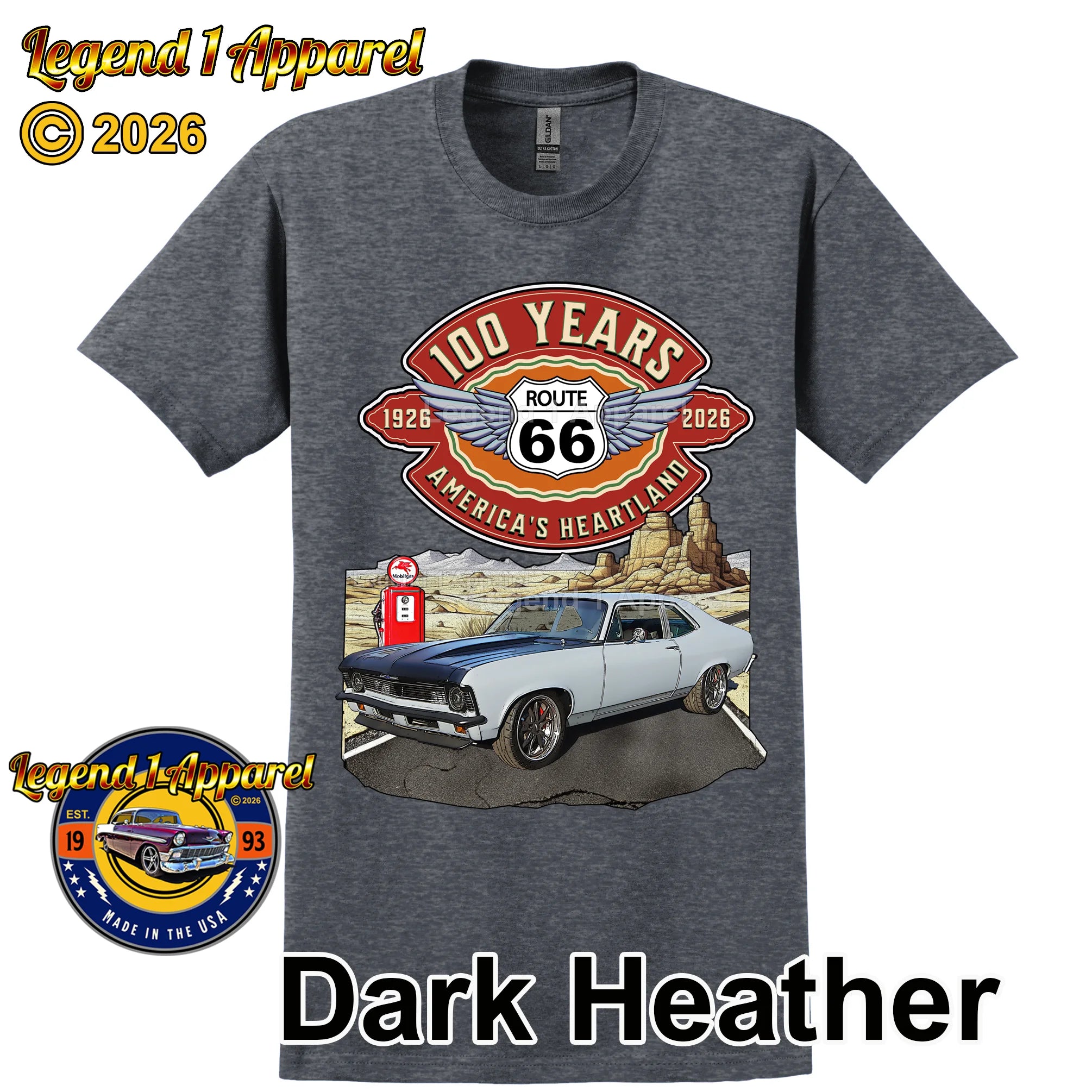 1972 Chevrolet Nova SS Classic Car Graphic Tee – Route 66 100 Years T-Shirt