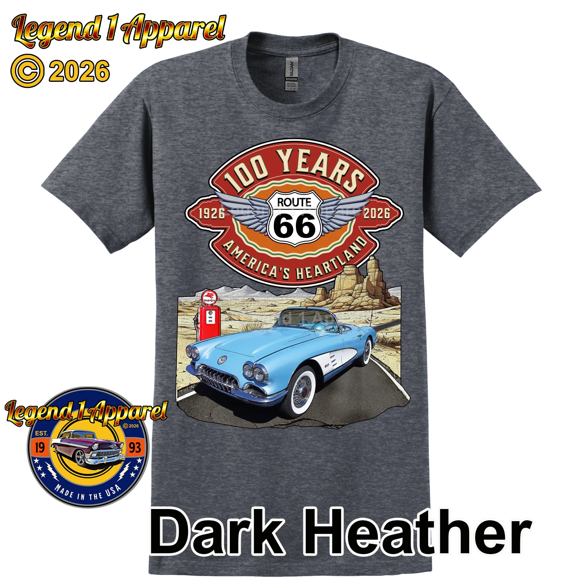 1960 Chevrolet Corvette C1 Classic Car Graphic Tee – Route 66 100 Years T-Shirt