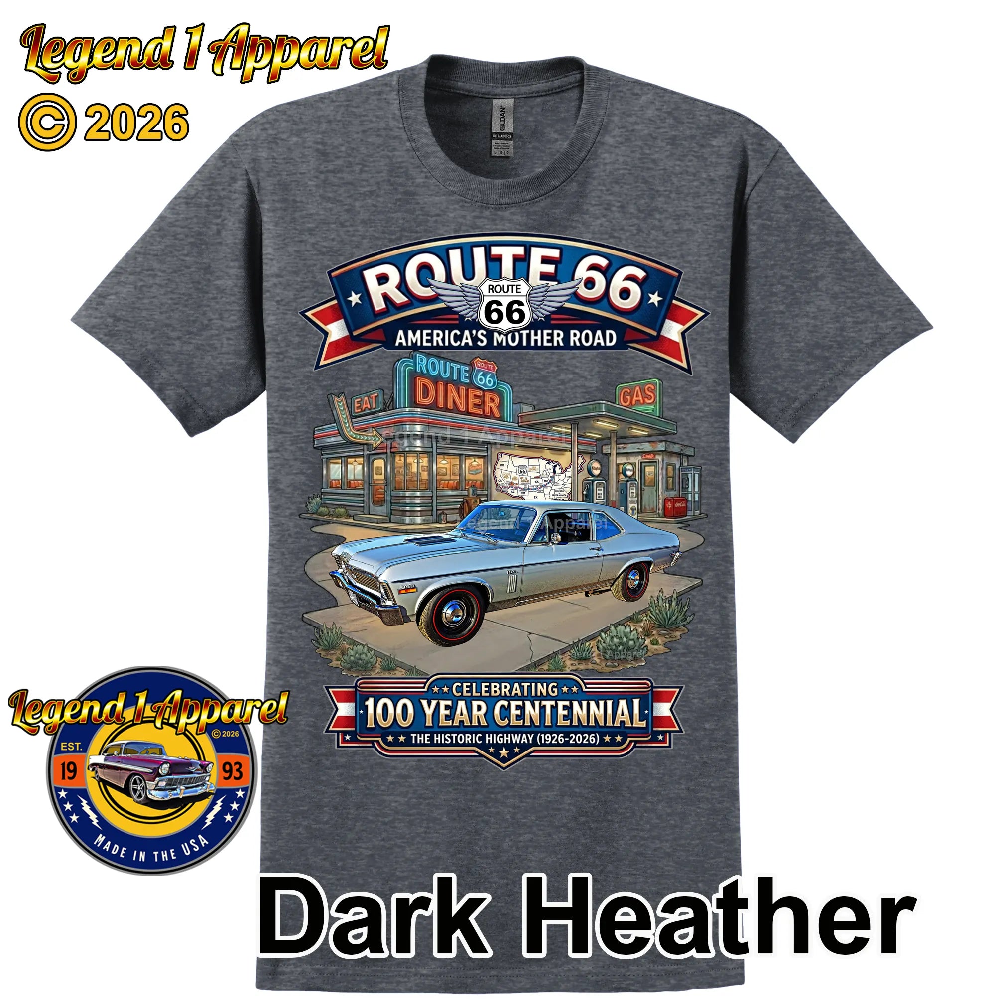 1970 Chevrolet Nova SS Classic Car Graphic Tee – Route 66 Centennial T-Shirt