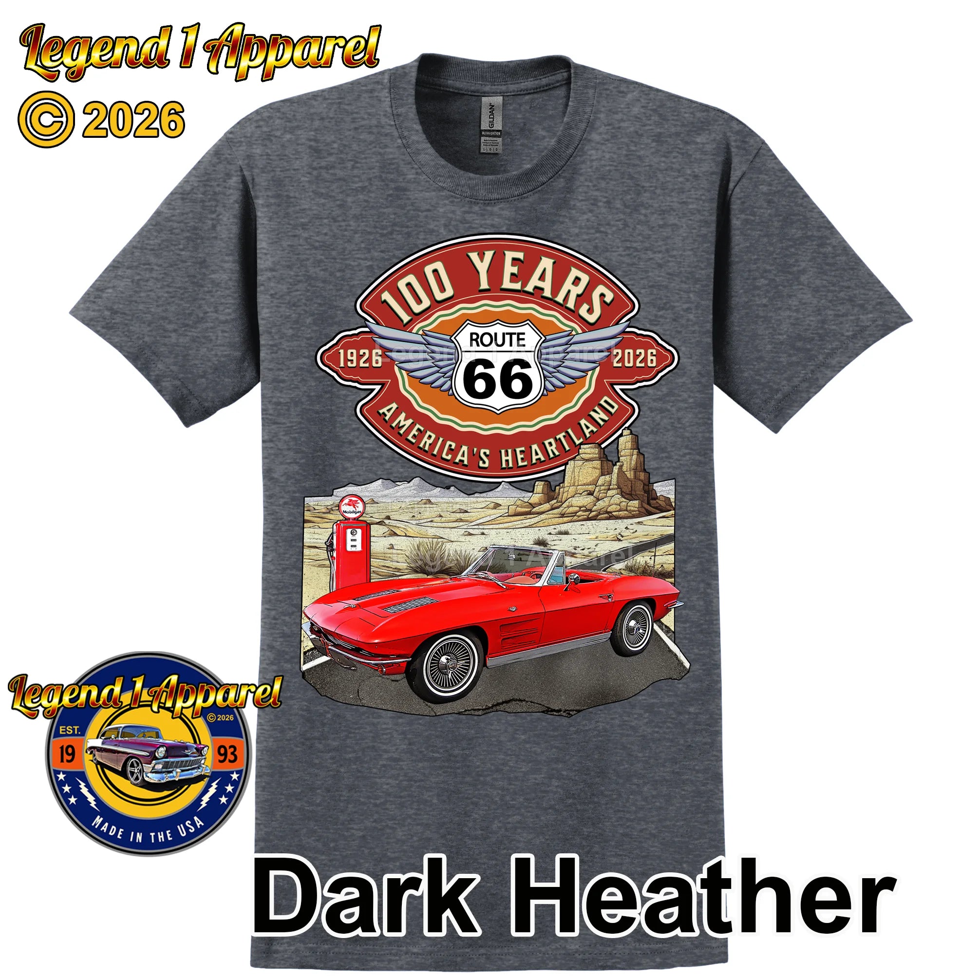 1963 Chevrolet Corvette C2 Classic Car Graphic Tee – Route 66 100 Years T-Shirt