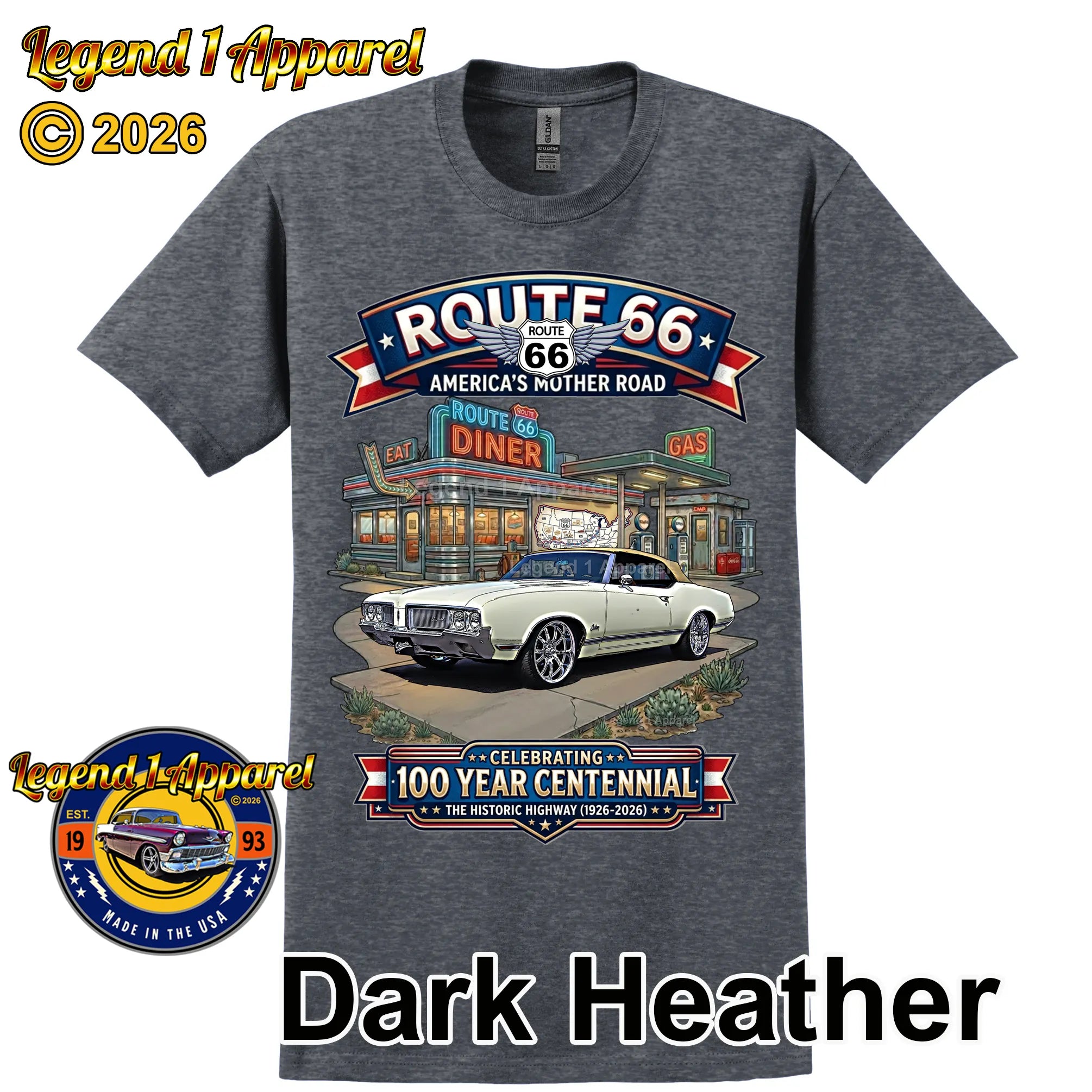 1970 Oldsmobile Cutlass Supreme Convertible Classic Car Graphic Tee – Route 66 Centennial T-Shirt