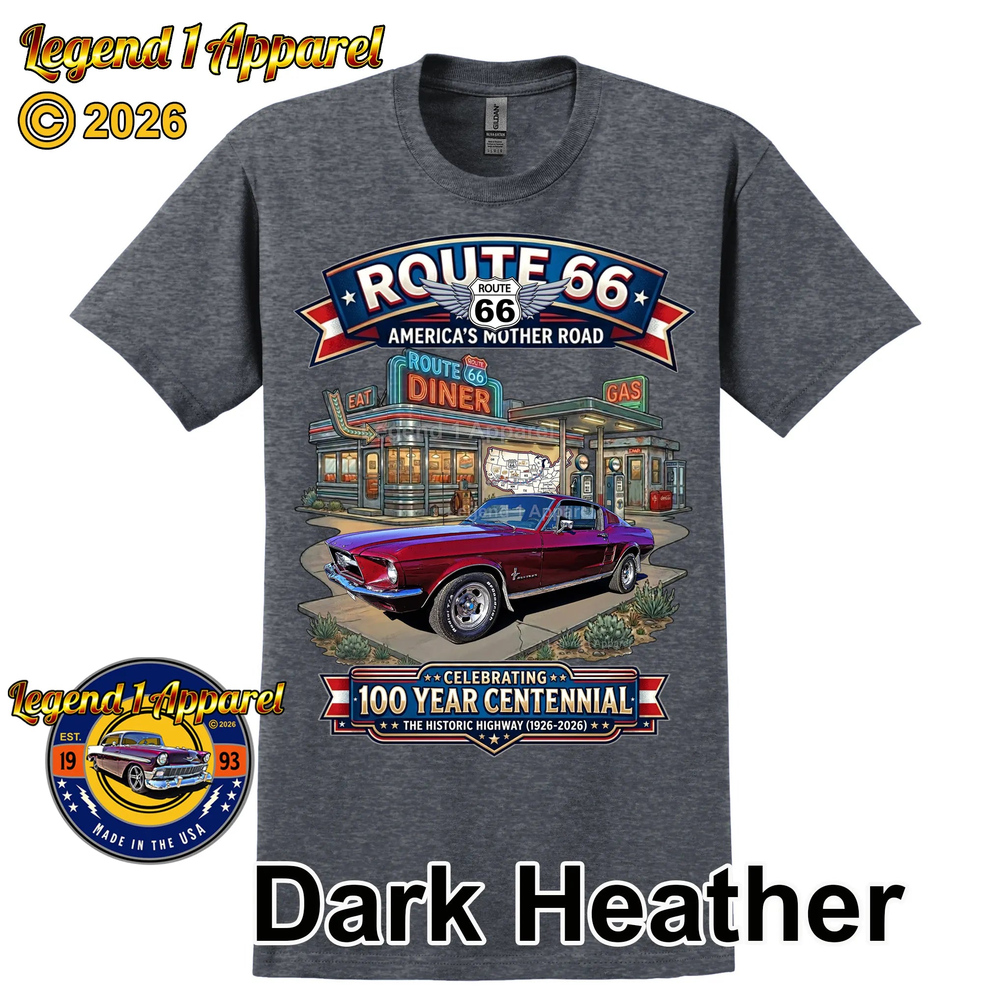 1967 Ford Mustang Fastback Classic Car Graphic Tee – Route 66 Centennial T-Shirt