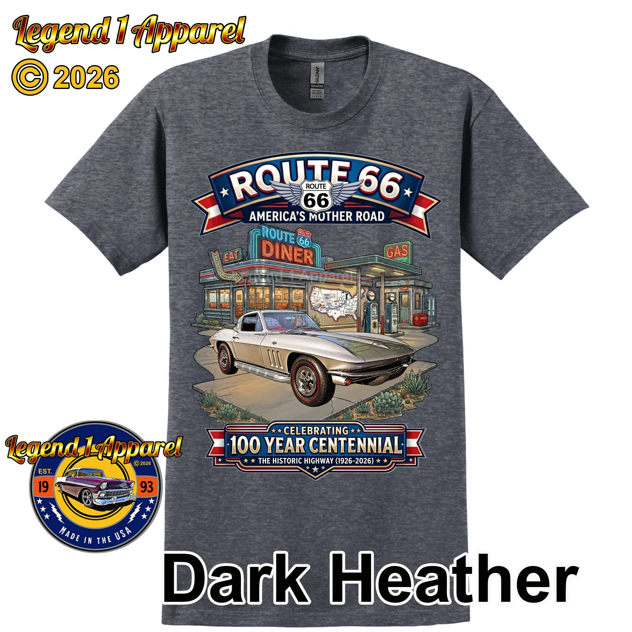 1965 Chevrolet Corvette C2 Classic Car Graphic Tee – Route 66 Centennial T-Shirt