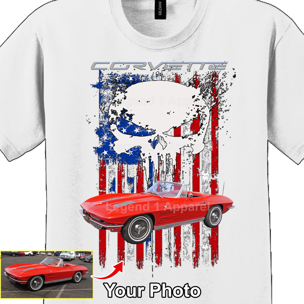 Your Classic Car or Hot Rod custom made T-shirt. Send us a picture of your car. Corvette USA Flag